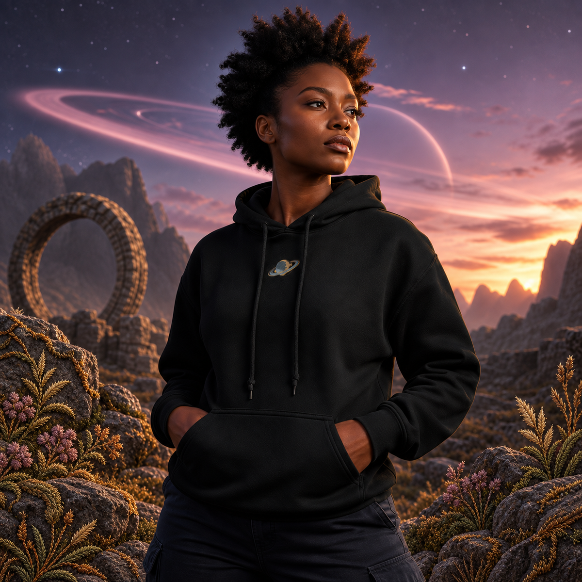 Saturn Planet Hoodie in Black – Bright Future product image — realistic model in an embroidered nature scene.