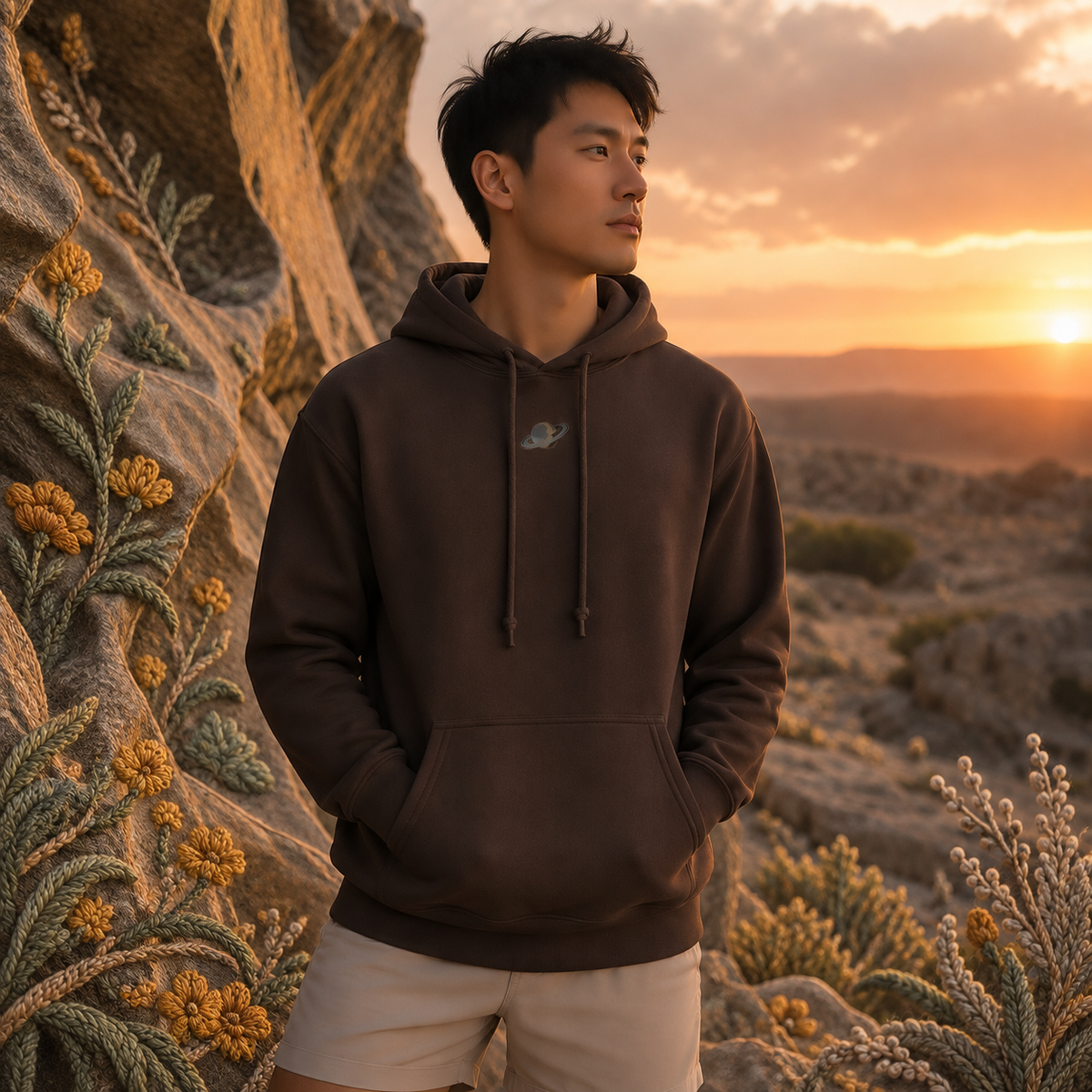 Saturn Planet Hoodie in Dark Chocolate – Bright Future product image — realistic model in an embroidered nature scene.
