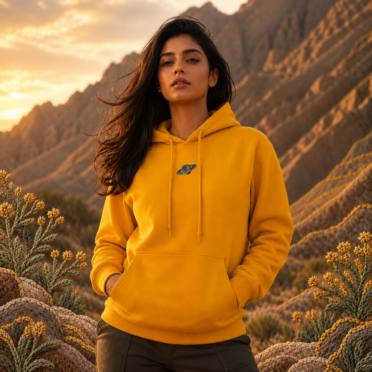 Saturn Planet Hoodie in Gold – Bright Future product image — realistic model in an embroidered nature scene.
