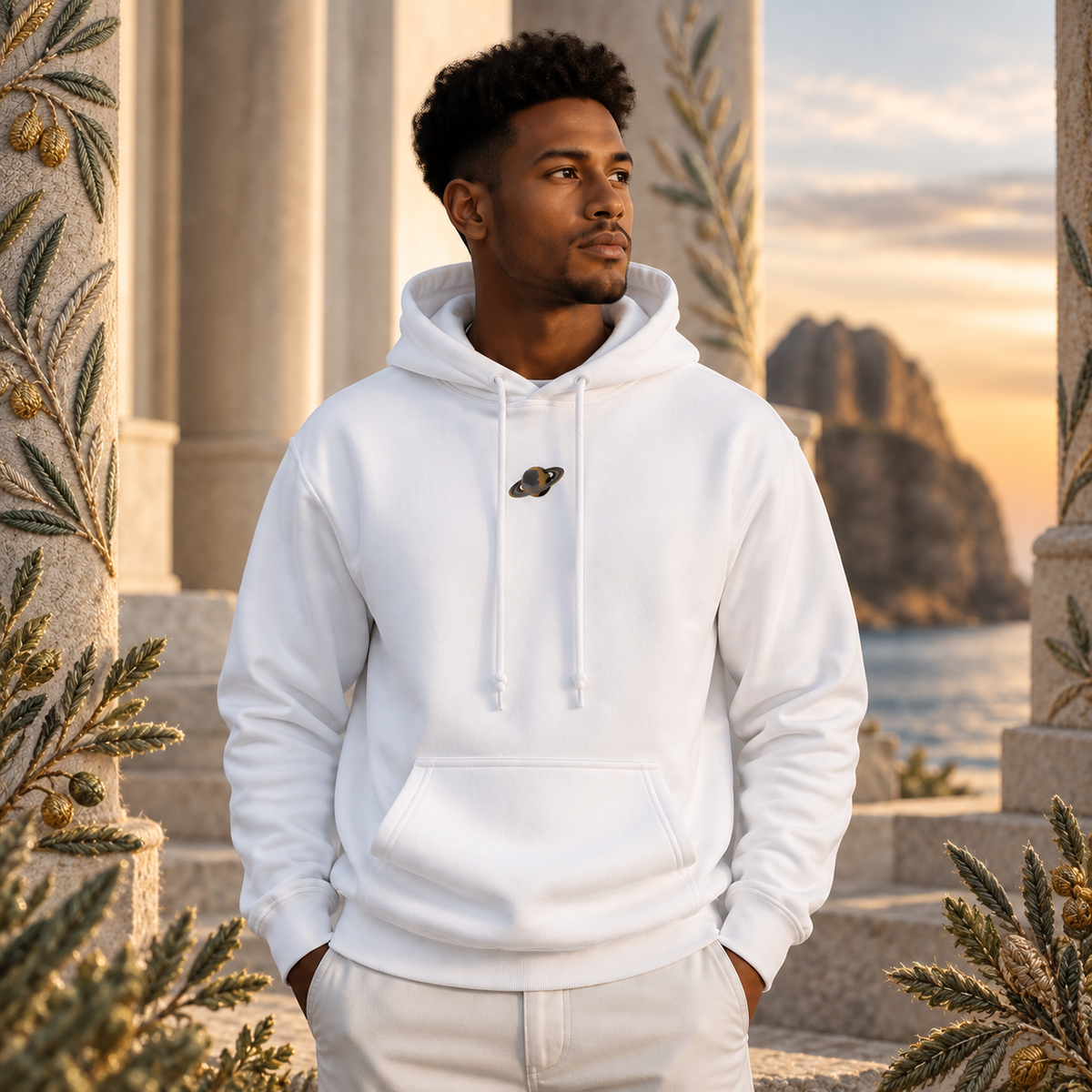 Saturn Planet Hoodie in White – Bright Future product image — realistic model in an embroidered nature scene.