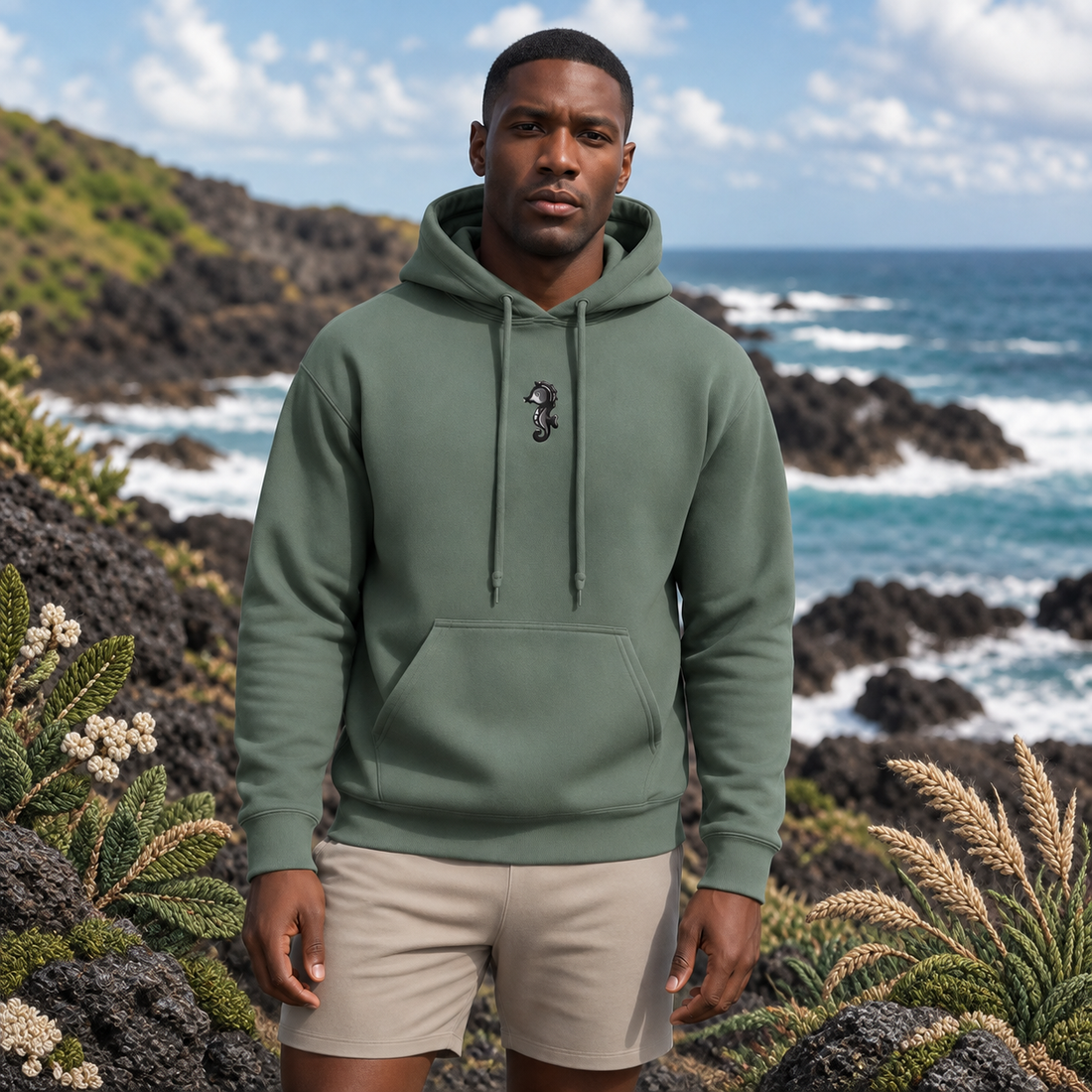 Seahorse Hoodie in Military Green – Bright Future product image — realistic model in an embroidered nature scene.