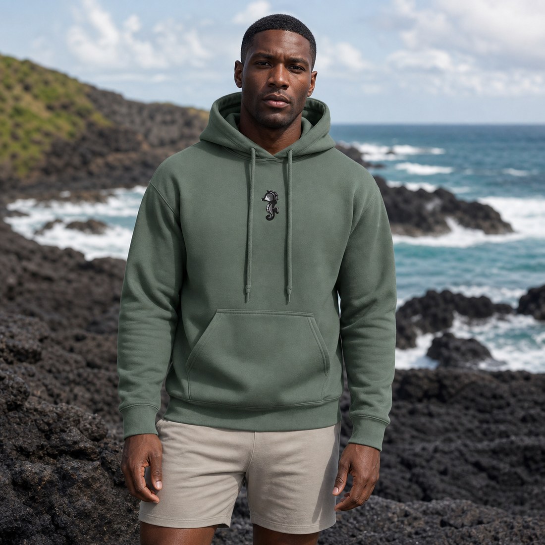 Seahorse Hoodie in Military Green – Bright Future product image