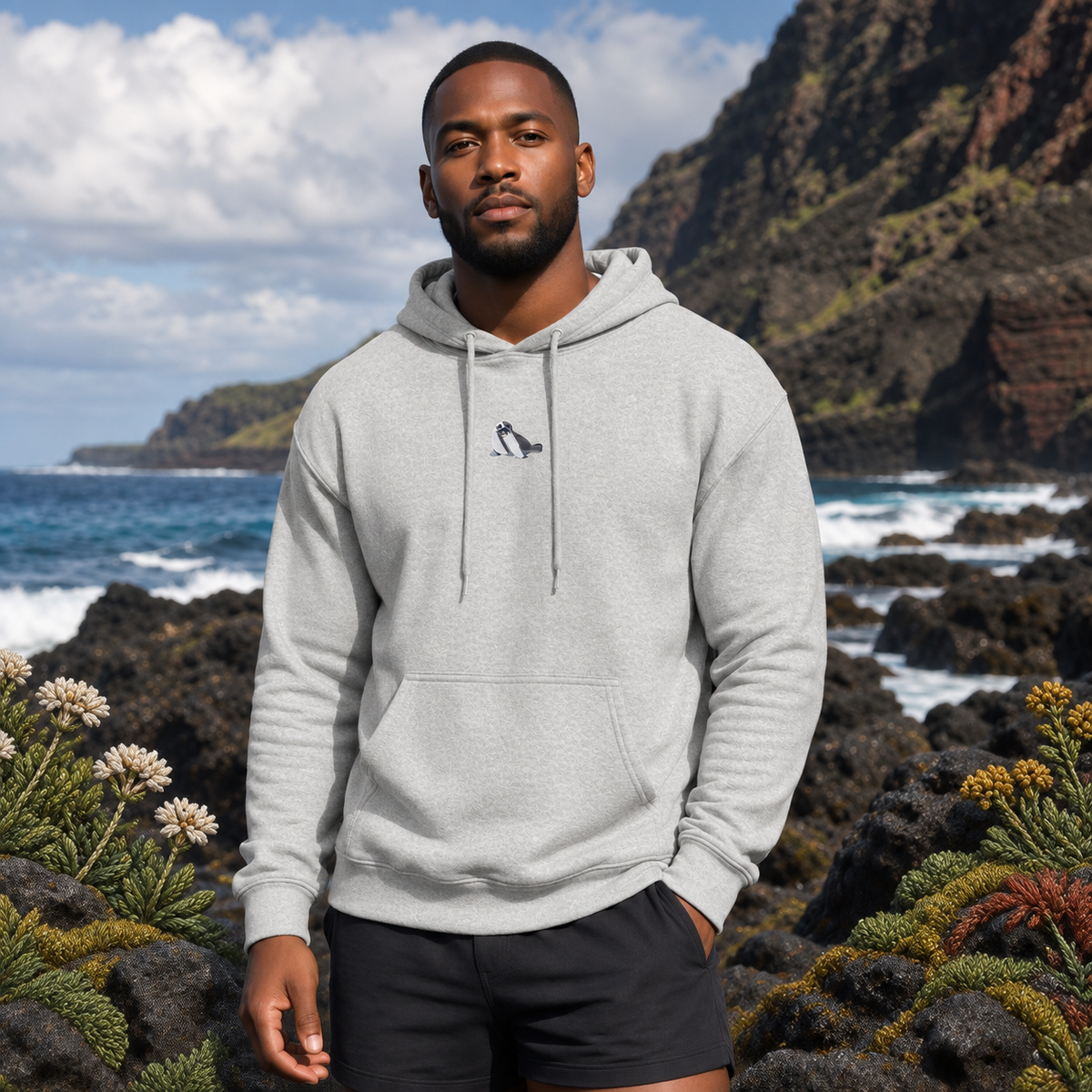Seal Hoodie – Bright Future product image — realistic model in an embroidered nature scene.