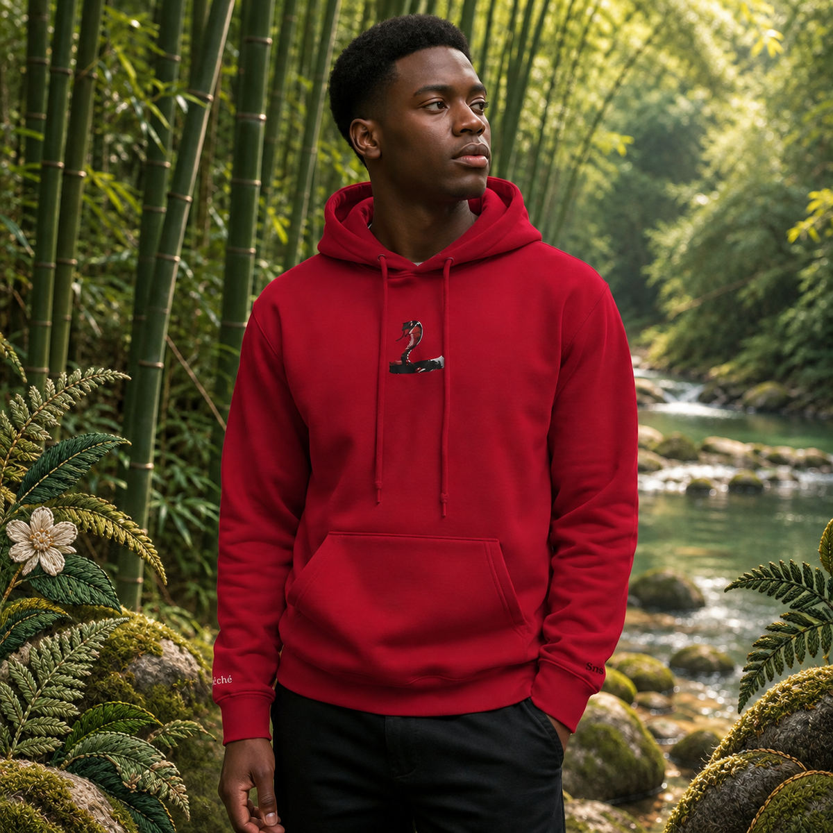 Snake Chinese Zodiac Hoodie in Cherry Red – Bright Future product image — realistic model in an embroidered nature scene.