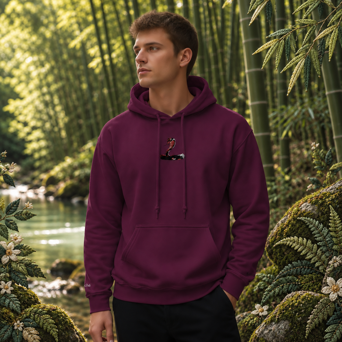 Snake Chinese Zodiac Hoodie in Maroon – Bright Future product image — realistic model in an embroidered nature scene.