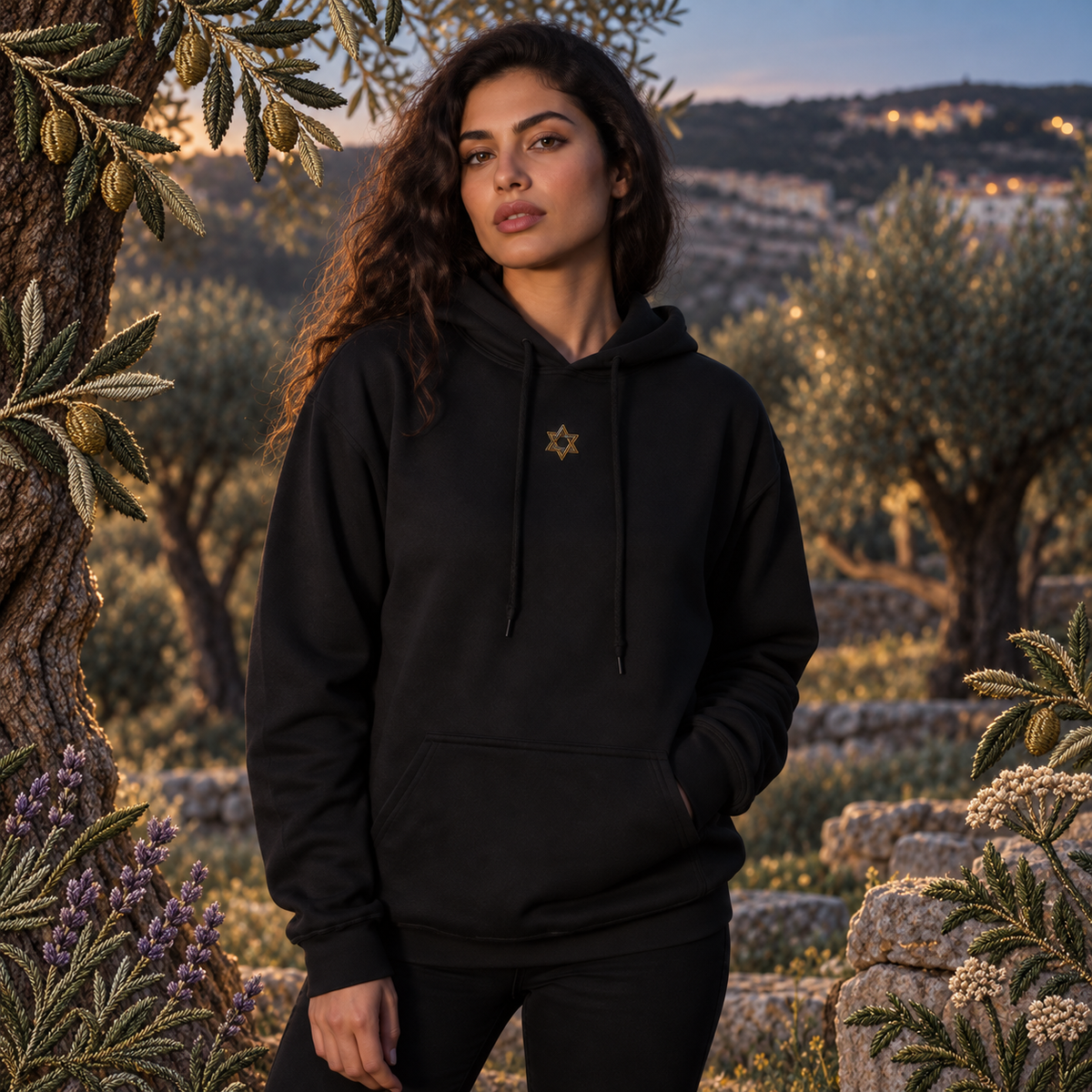 Star of David Symbol Hoodie in Black – Bright Future product image — realistic model in an embroidered nature scene.