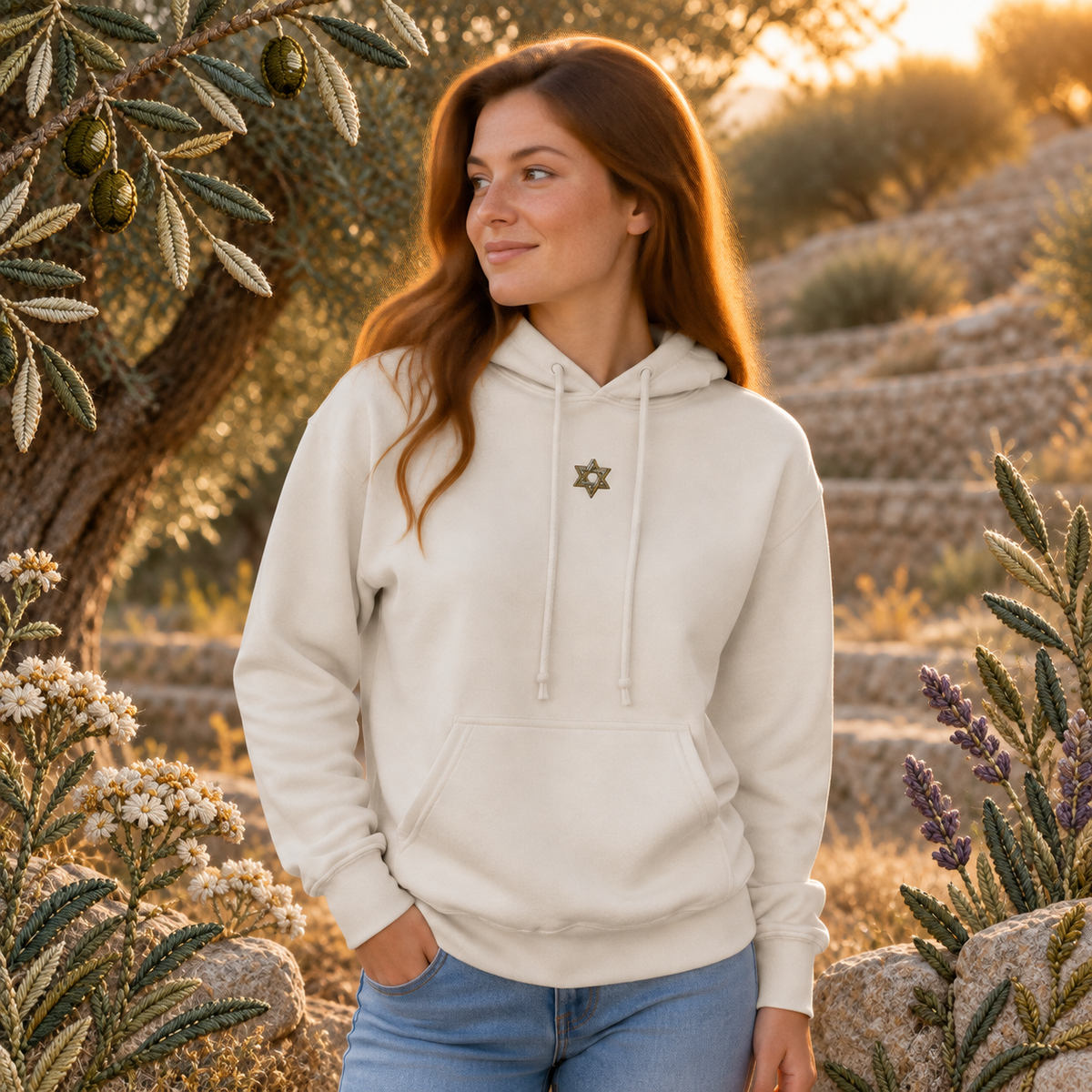 Star of David Symbol Hoodie in Sand – Bright Future product image — realistic model in an embroidered nature scene.