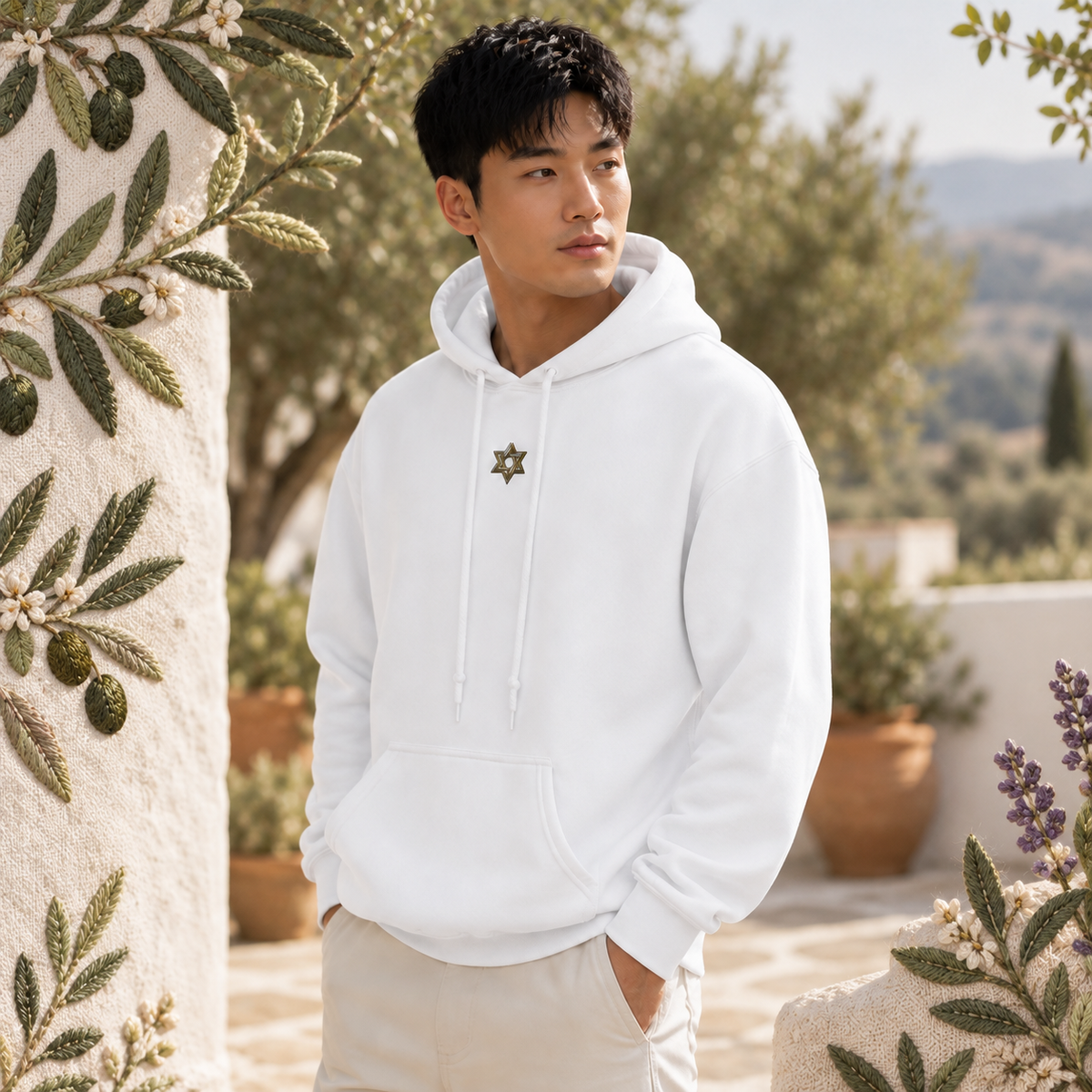 Star of David Symbol Hoodie in White – Bright Future product image — realistic model in an embroidered nature scene.