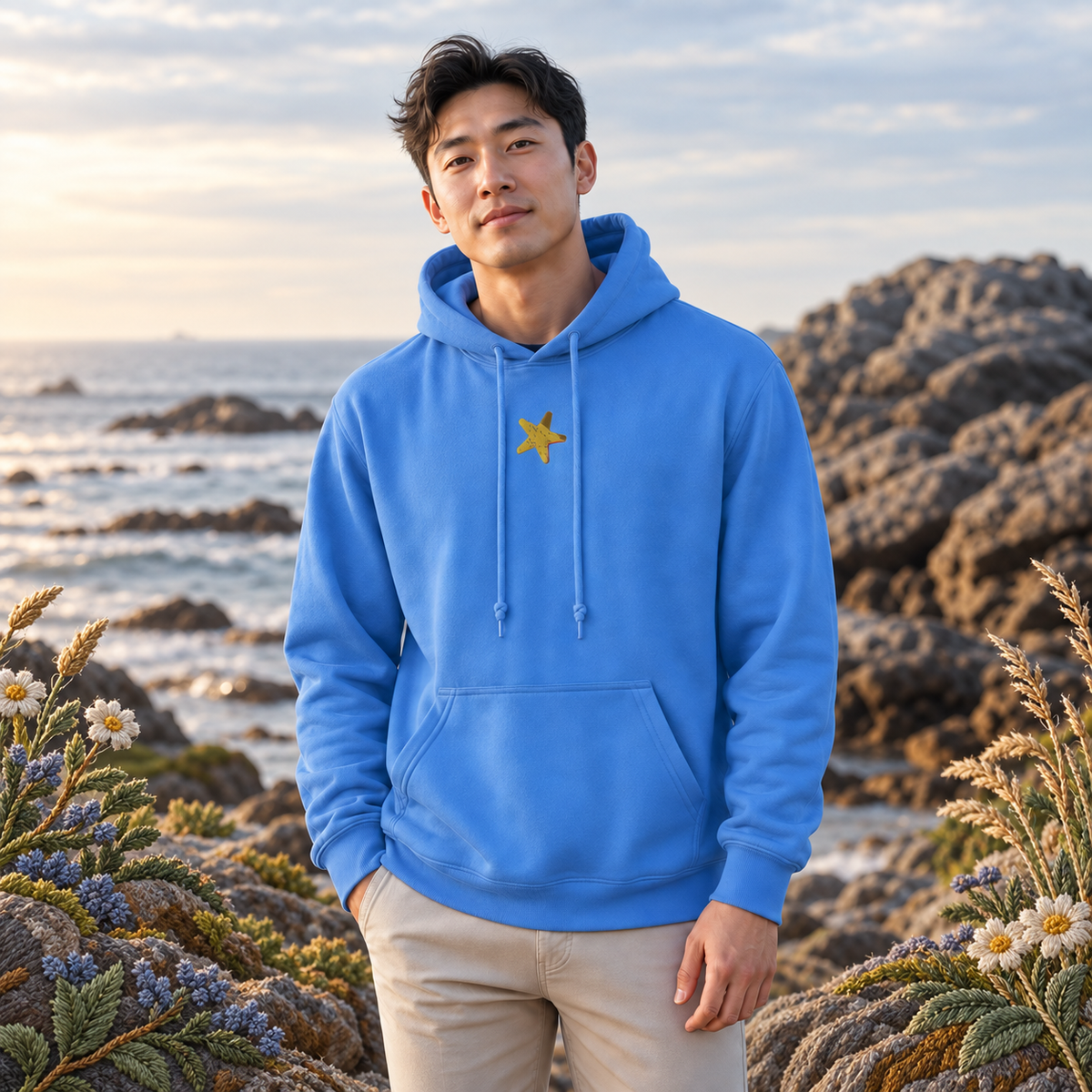 Starfish Hoodie in Carolina Blue – Bright Future product image — realistic model in an embroidered nature scene.