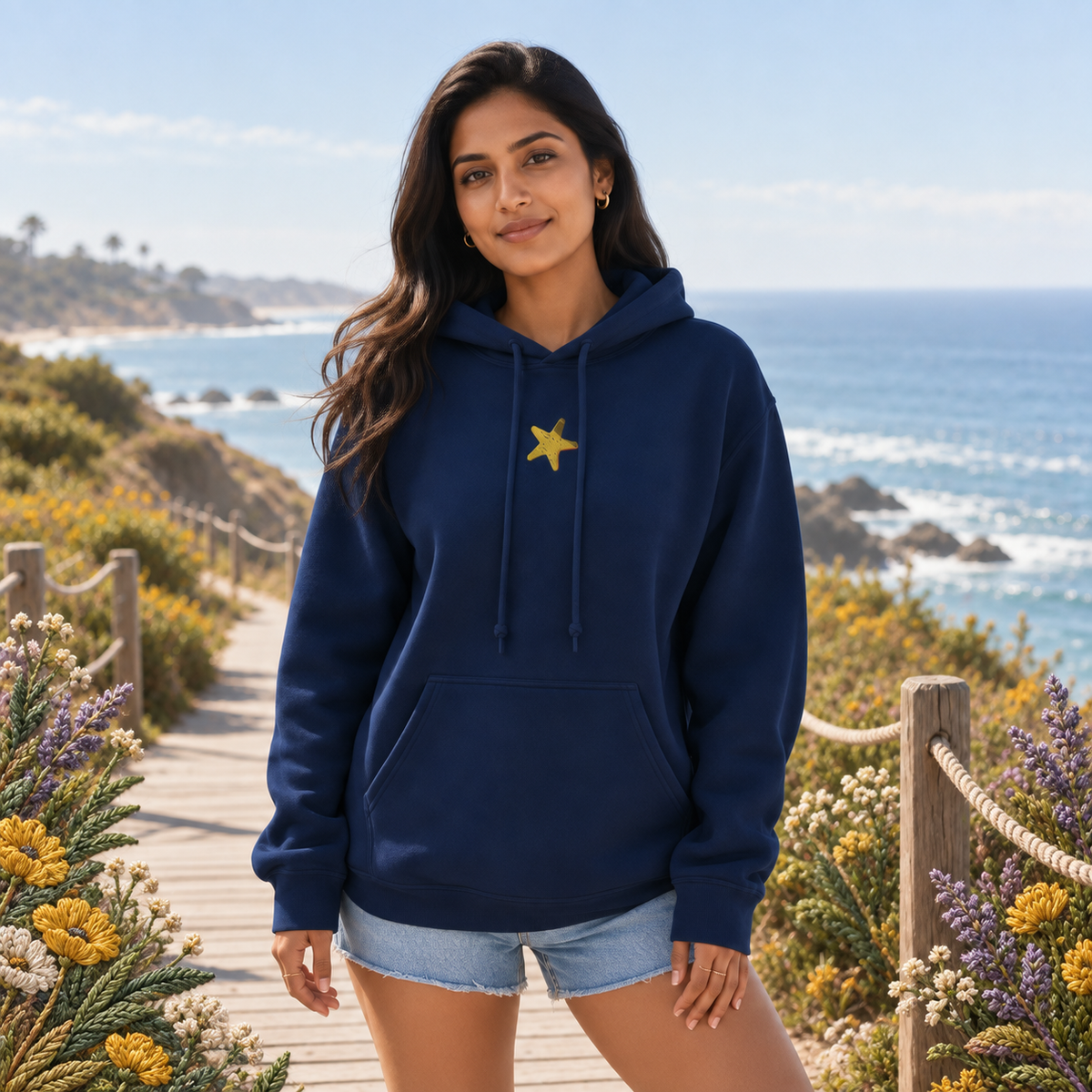 Starfish Hoodie in Navy – Bright Future product image — realistic model in an embroidered nature scene.