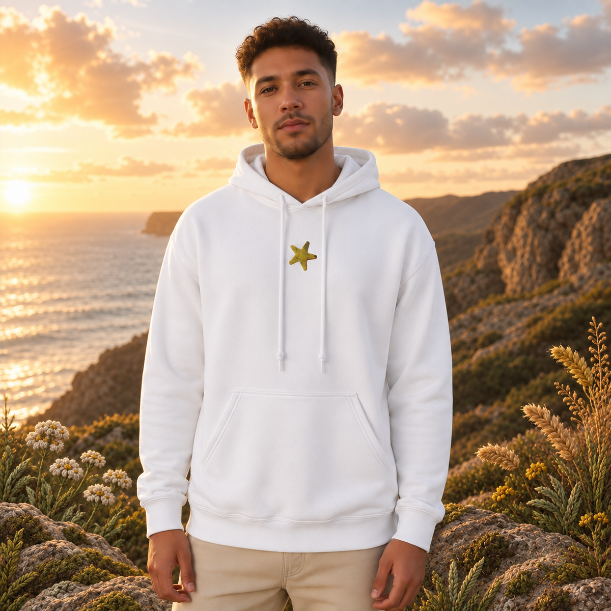 Starfish Hoodie in White – Bright Future product image — realistic model in an embroidered nature scene.