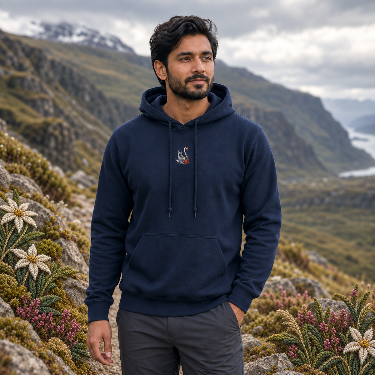 Swan Hoodie in Navy – Bright Future product image — realistic model in an embroidered nature scene.