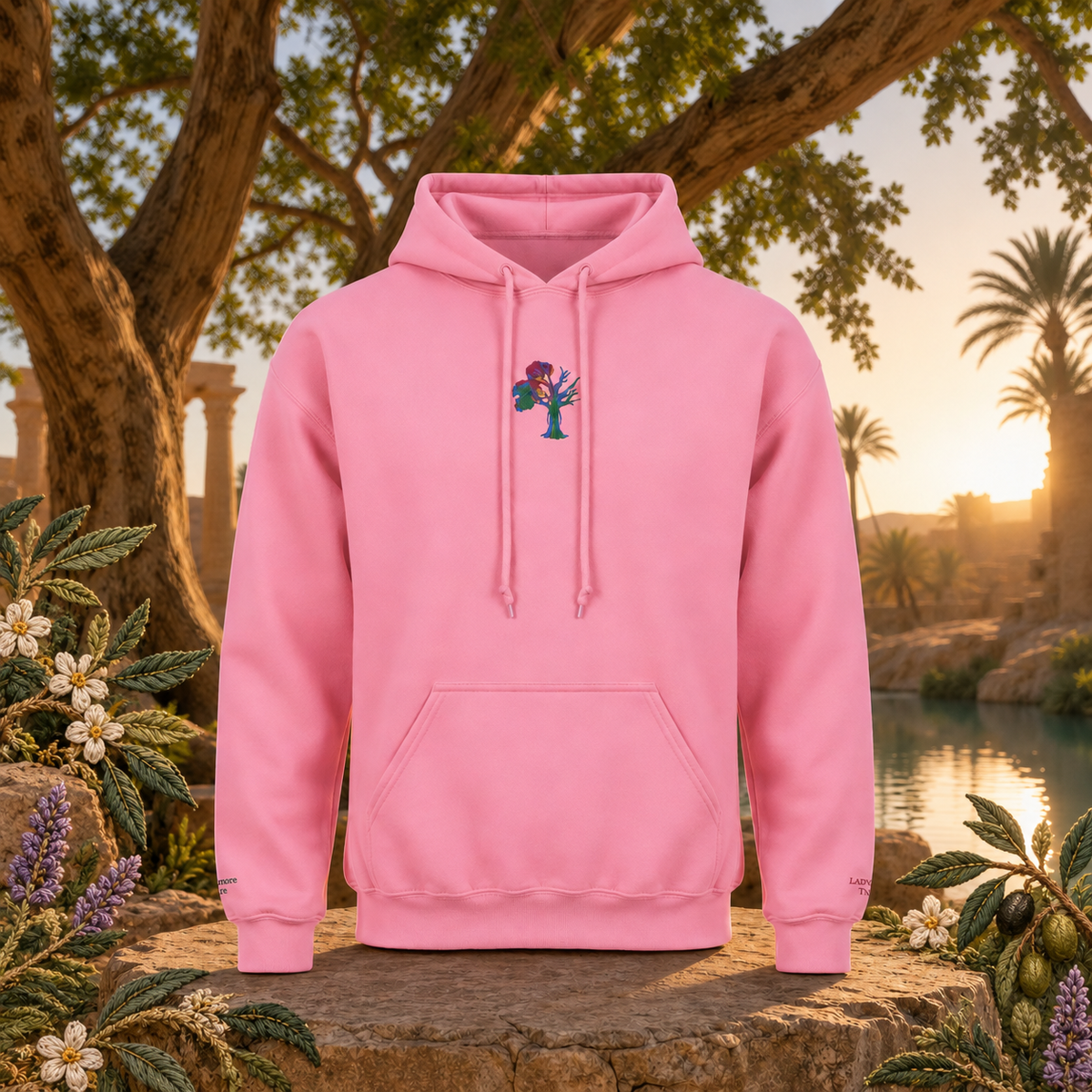 Lady of the Sycamore Symbol Hoodie – Bright Future product image — original product in a realistic nature scene with embroidered environmental details.