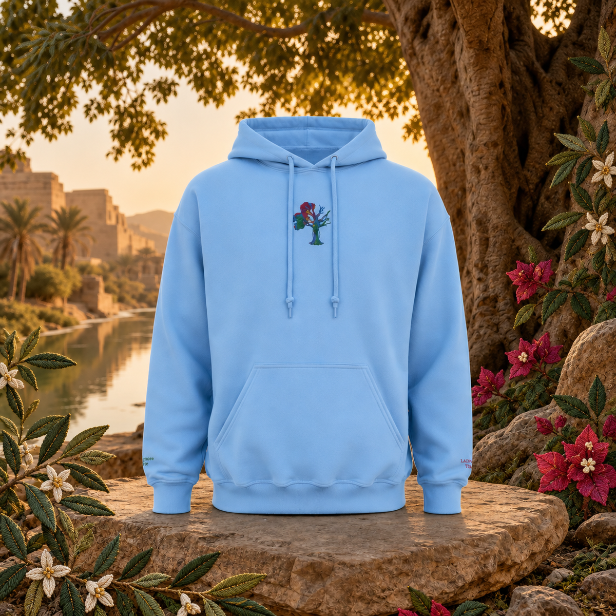 Lady of the Sycamore Symbol Hoodie in Carolina Blue – Bright Future product image — original product in a realistic nature scene with embroidered environmental details.