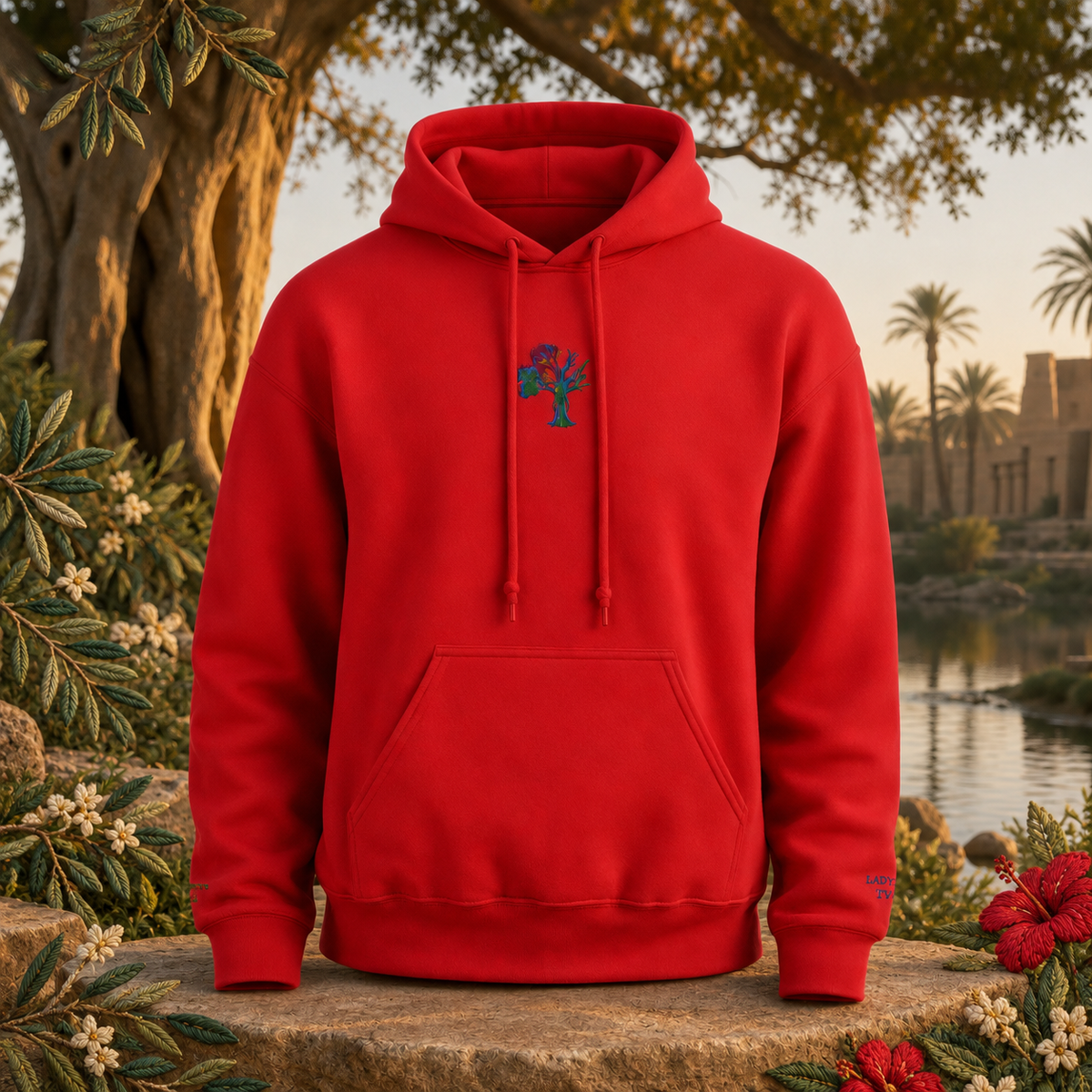 Lady of the Sycamore Symbol Hoodie in Cherry Red – Bright Future product image — original product in a realistic nature scene with embroidered environmental details.