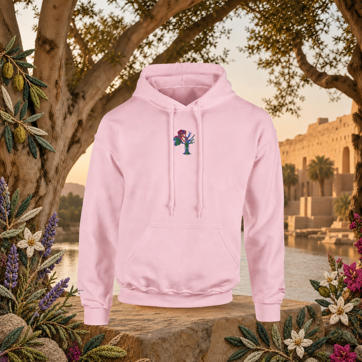 Lady of the Sycamore Symbol Hoodie in Light Pink – Bright Future product image — original product in a realistic nature scene with embroidered environmental details.