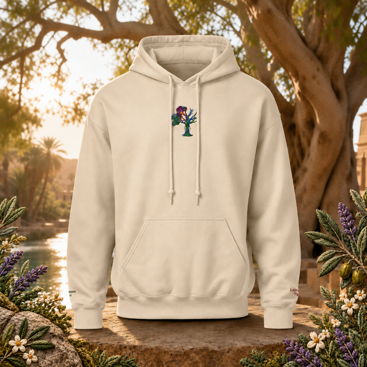 Lady of the Sycamore Symbol Hoodie in Sand – Bright Future product image — original product in a realistic nature scene with embroidered environmental details.