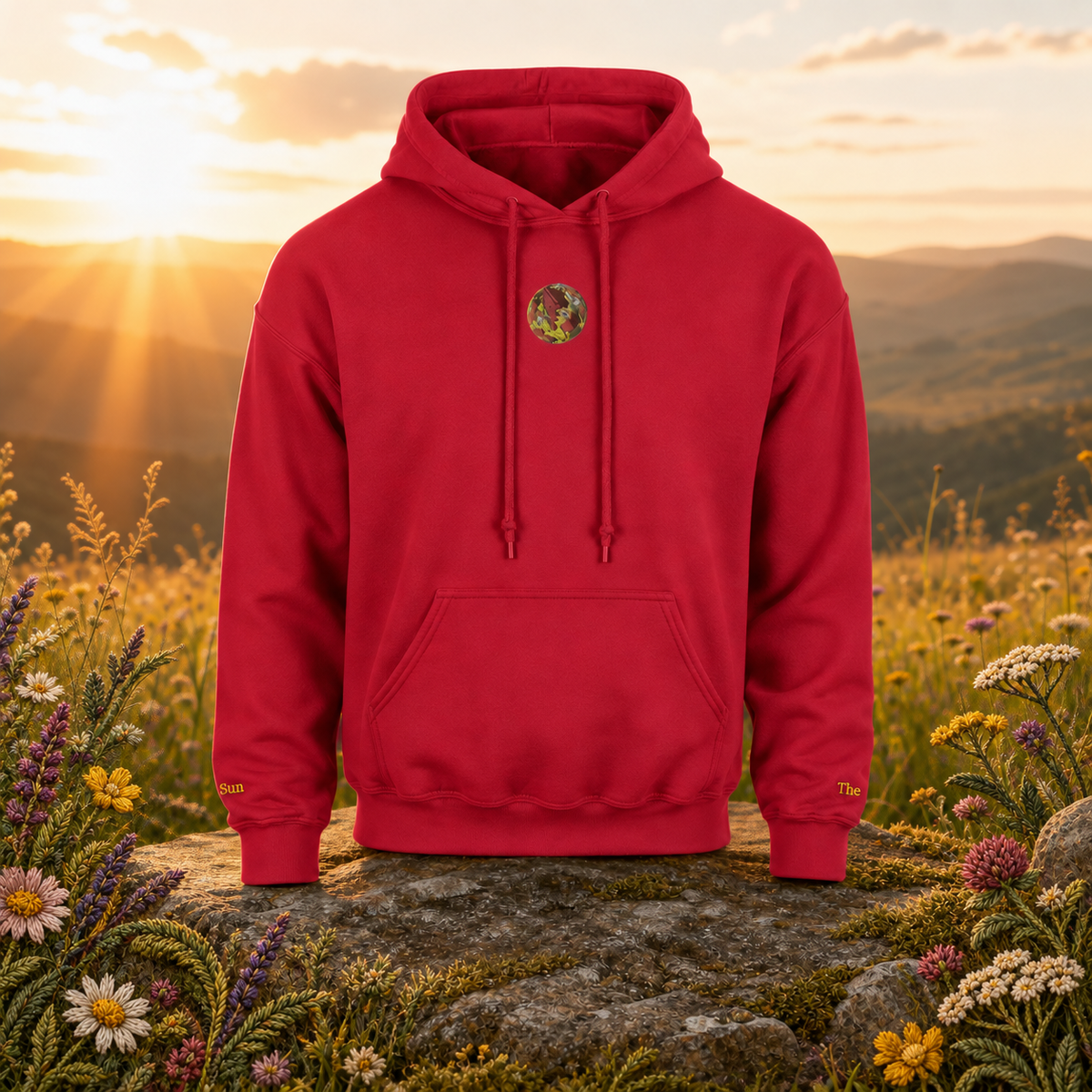 Sun Symbol Hoodie in Cherry Red – Bright Future product image — original product in a realistic nature scene with embroidered environmental details.