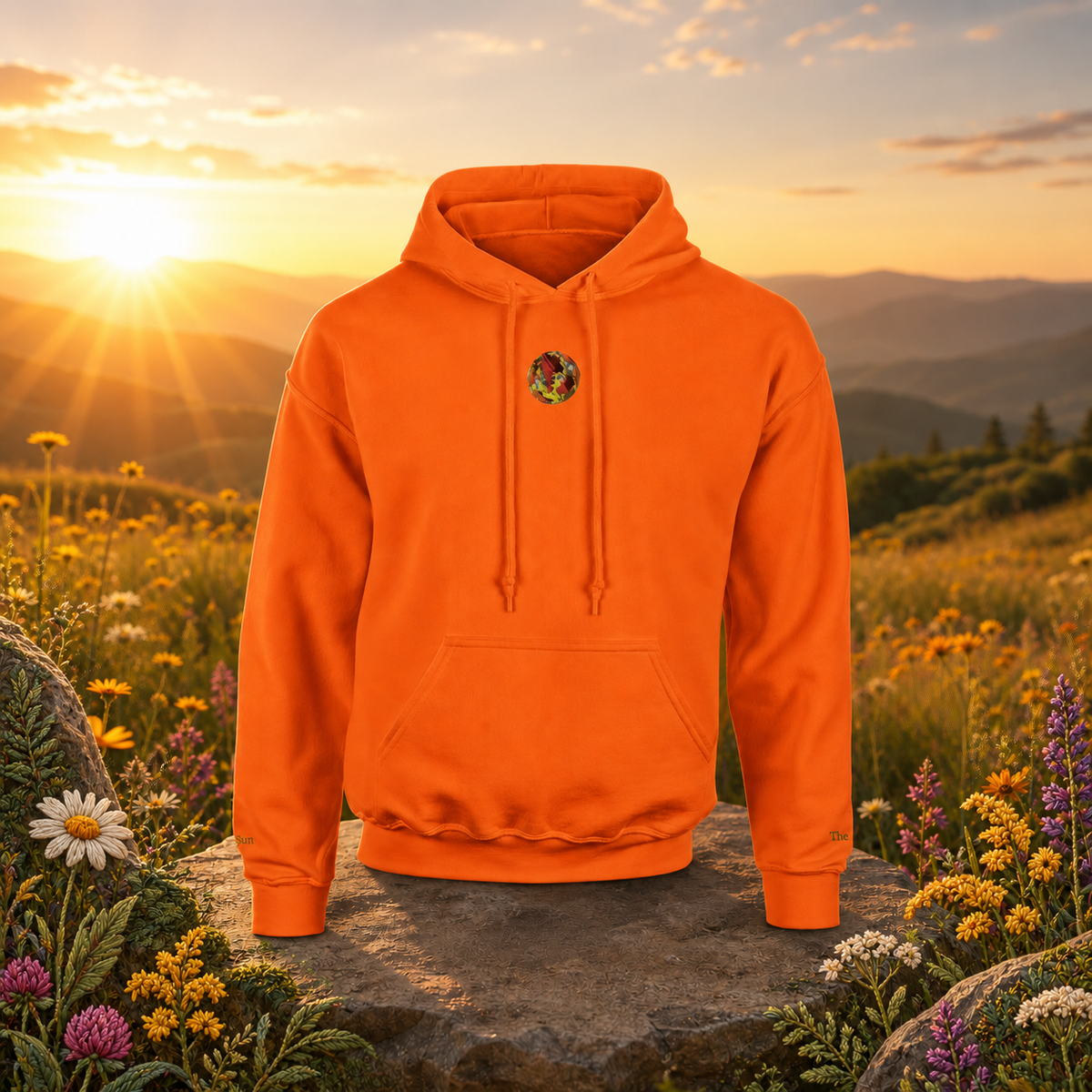 Sun Symbol Hoodie in Orange – Bright Future product image — original product in a realistic nature scene with embroidered environmental details.