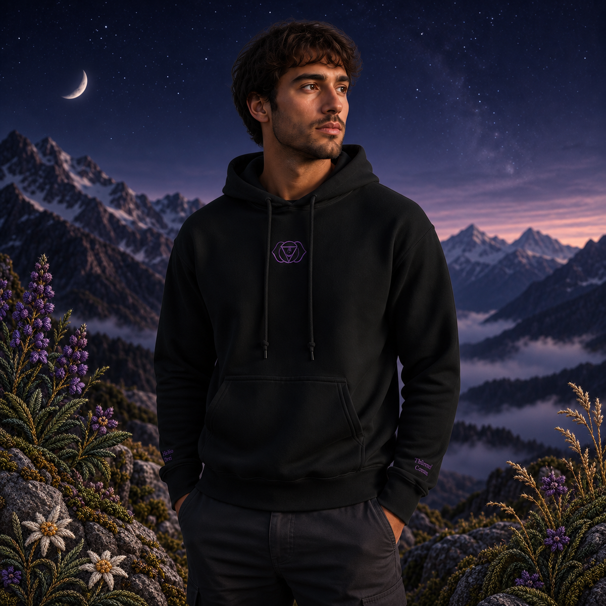 Third Eye Chakra Hoodie in Black – Bright Future product image — realistic model in an embroidered nature scene.