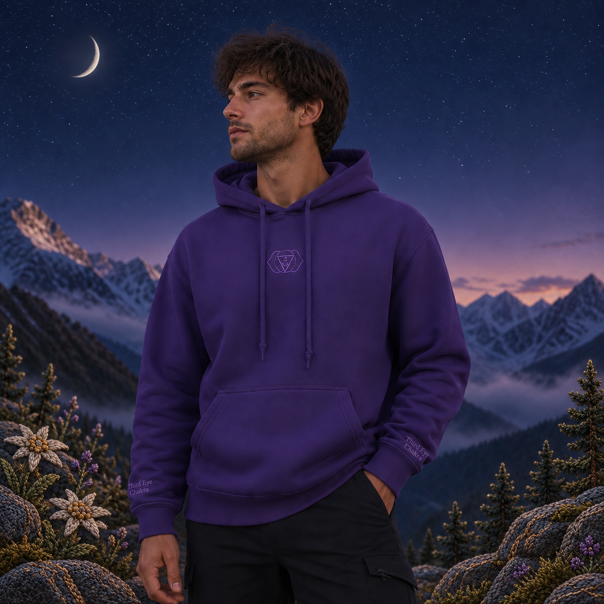 Third Eye Chakra Hoodie in Purple – Bright Future product image — realistic model in an embroidered nature scene.