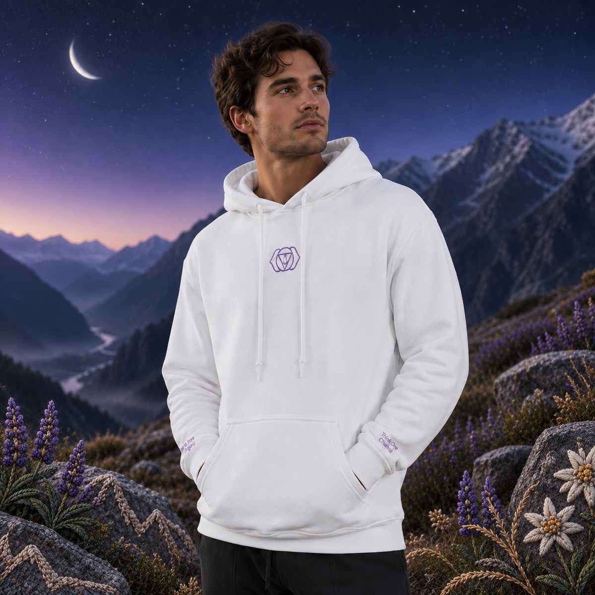 Third Eye Chakra Hoodie in White – Bright Future product image — realistic model in an embroidered nature scene.
