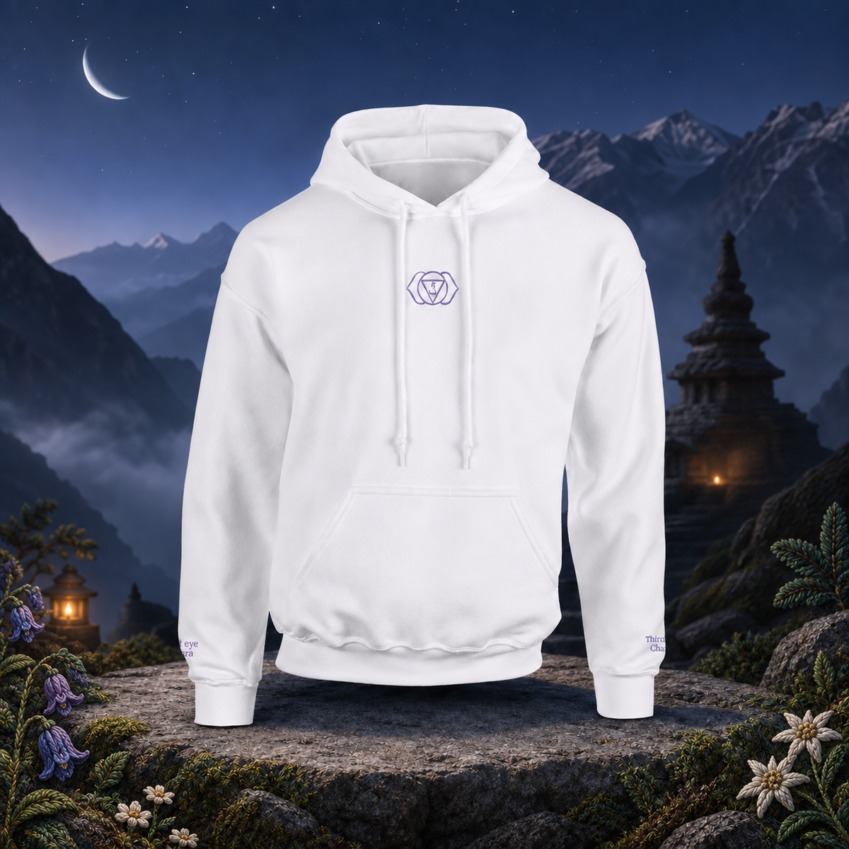 Third Eye Chakra Hoodie in White – Bright Future product image — original product in a realistic nature scene with embroidered environmental details.