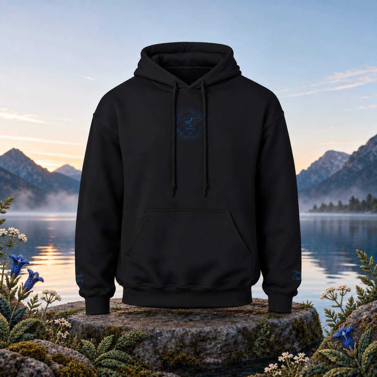 Throat Chakra Hoodie in Black – Bright Future product image — original product in a realistic nature scene with embroidered environmental details.
