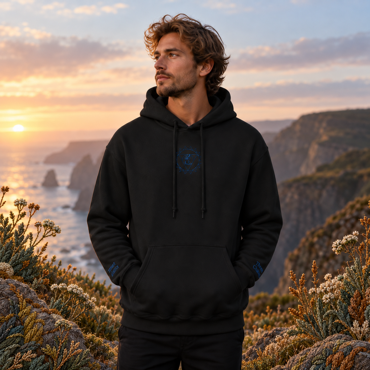 Throat Chakra Hoodie in Black – Bright Future product image — realistic model in an embroidered nature scene.