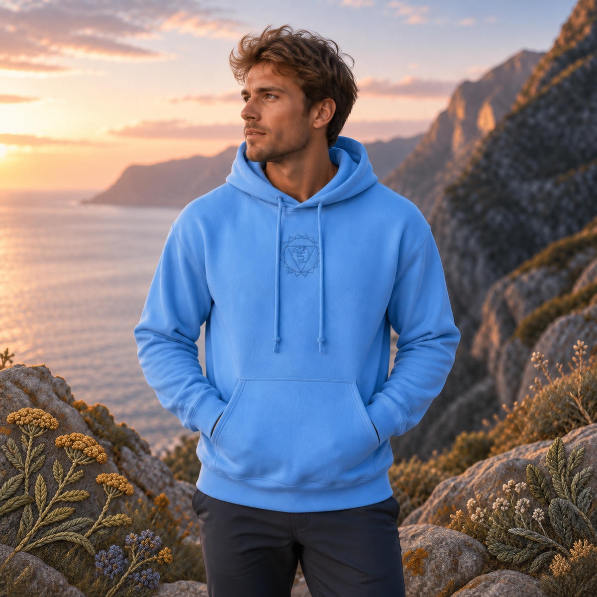 Throat Chakra Hoodie in Carolina Blue – Bright Future product image — realistic model in an embroidered nature scene.