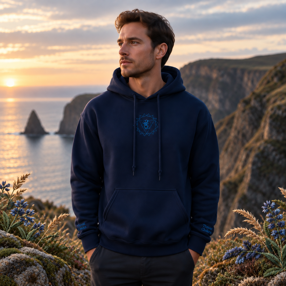 Throat Chakra Hoodie in Navy – Bright Future product image — realistic model in an embroidered nature scene.