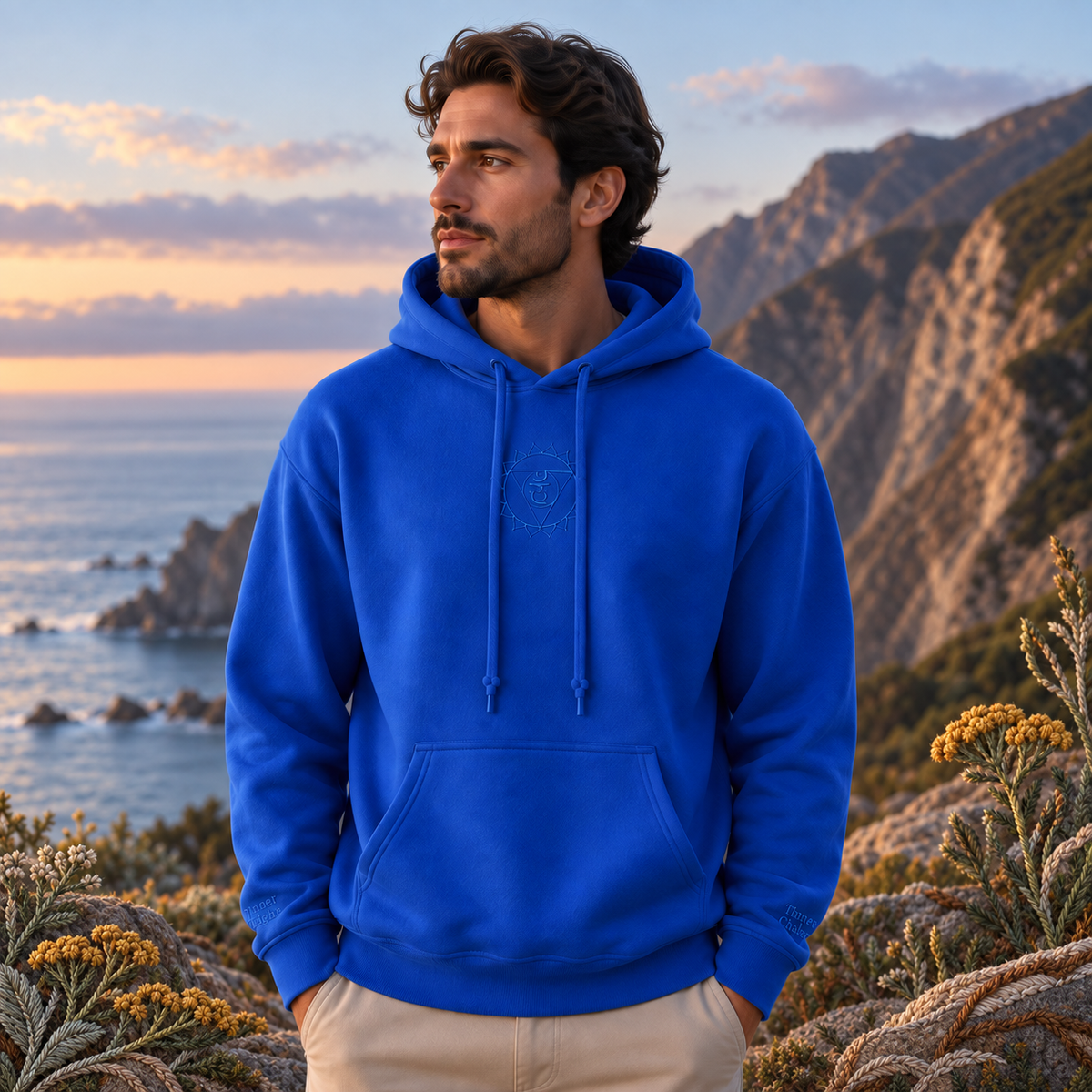 Throat Chakra Hoodie – Bright Future product image — realistic model in an embroidered nature scene.