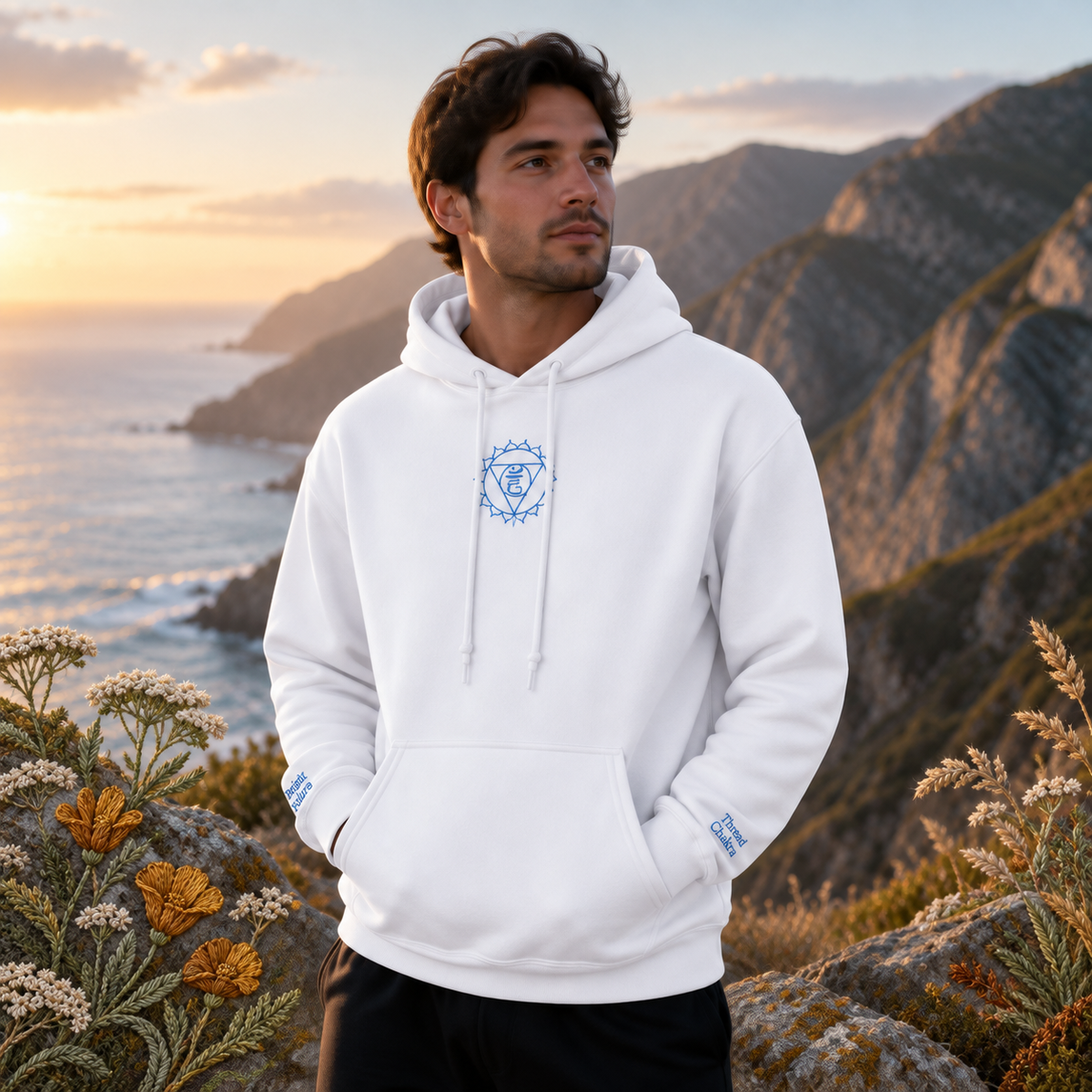 Throat Chakra Hoodie in White – Bright Future product image — realistic model in an embroidered nature scene.