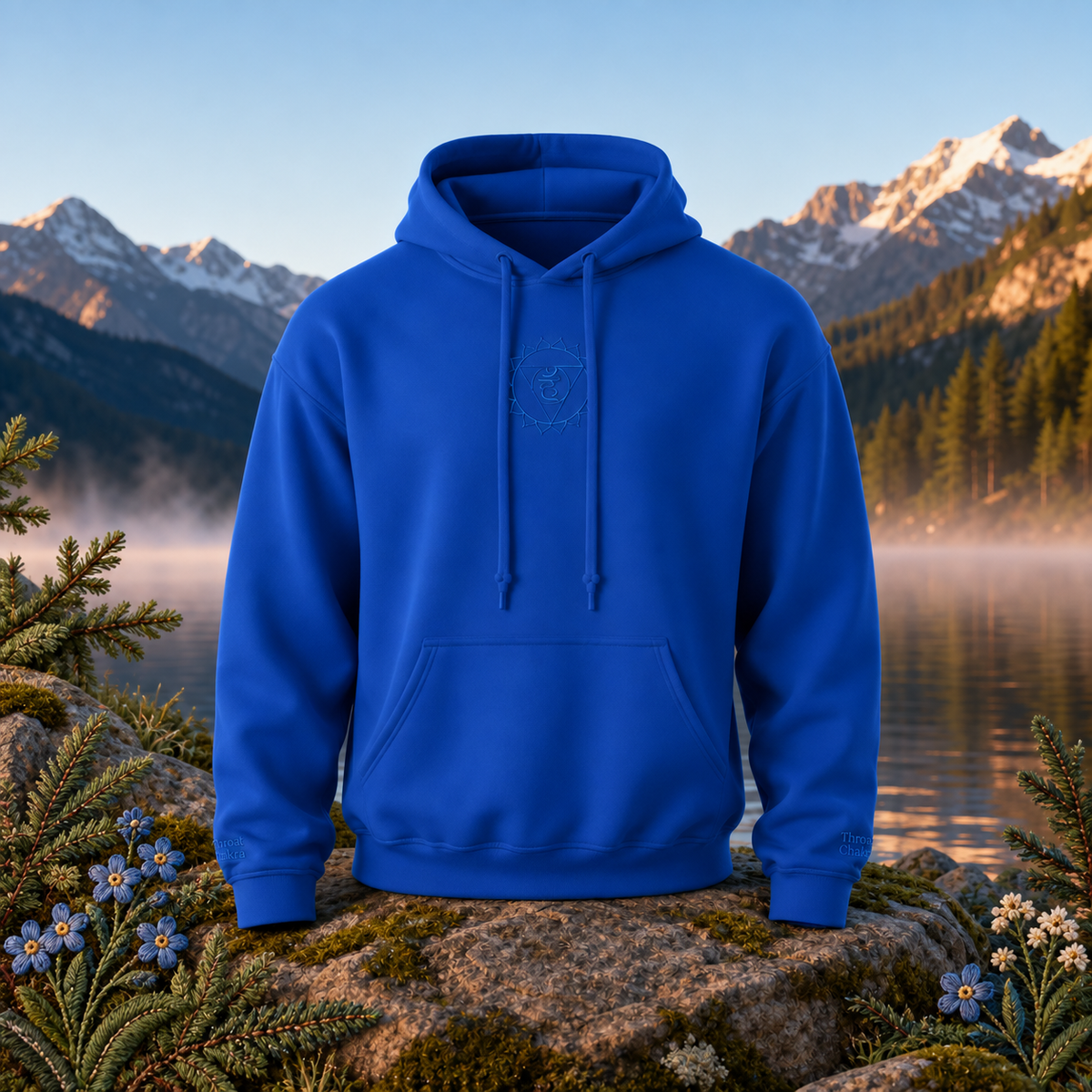 Throat Chakra Hoodie – Bright Future product image — original product in a realistic nature scene with embroidered environmental details.