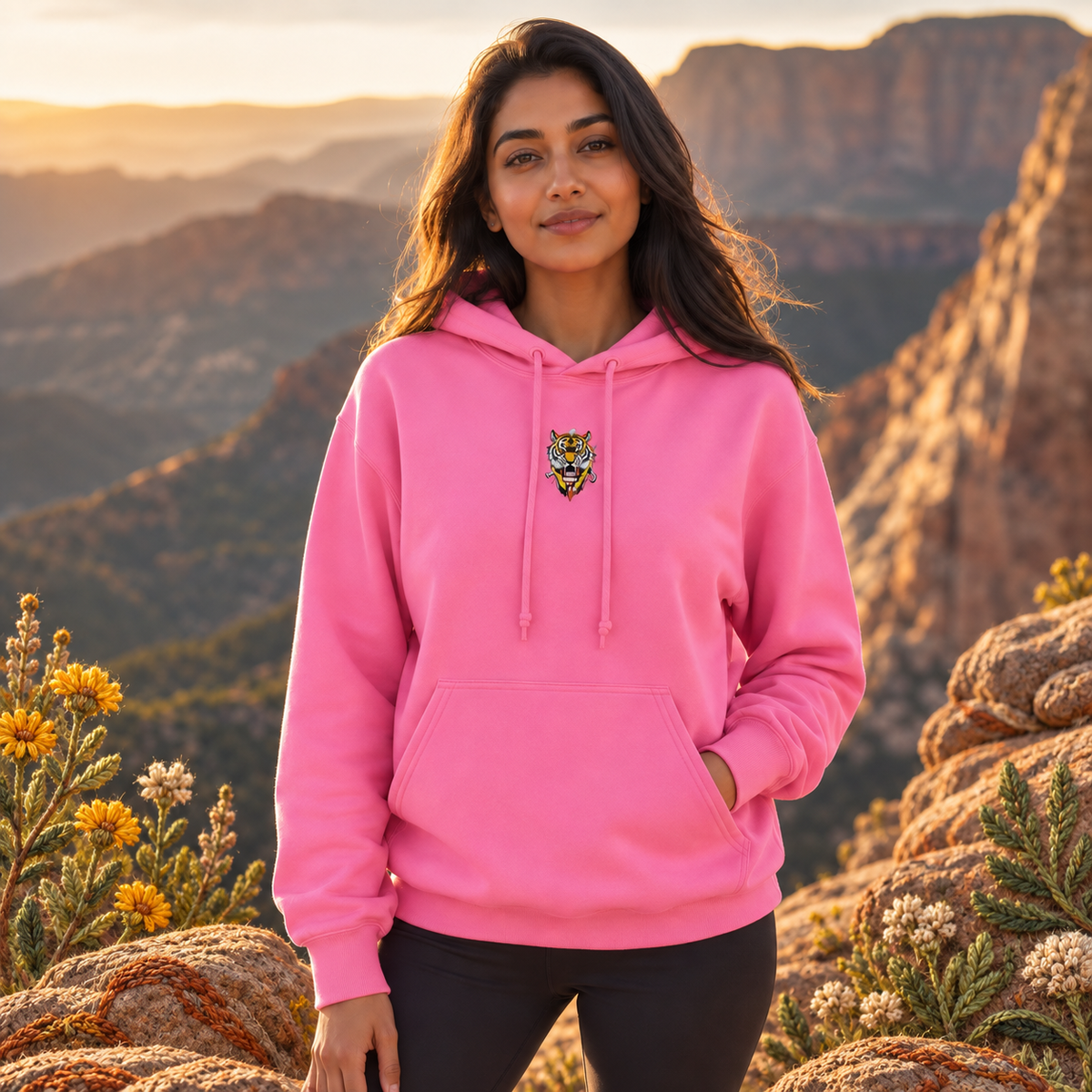 Tiger Hoodie – Bright Future product image — realistic model in an embroidered nature scene.