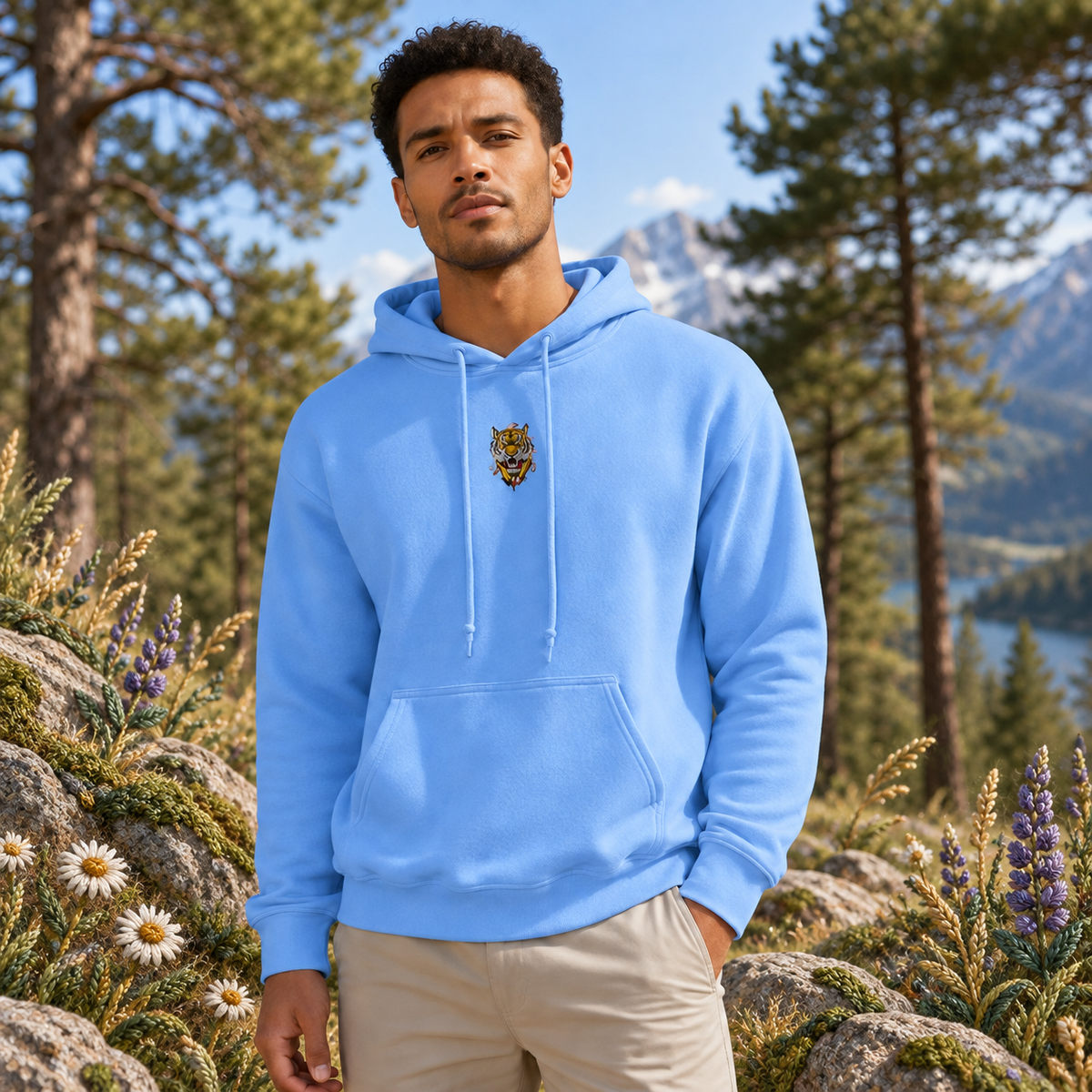 Tiger Hoodie in Carolina Blue – Bright Future product image — realistic model in an embroidered nature scene.