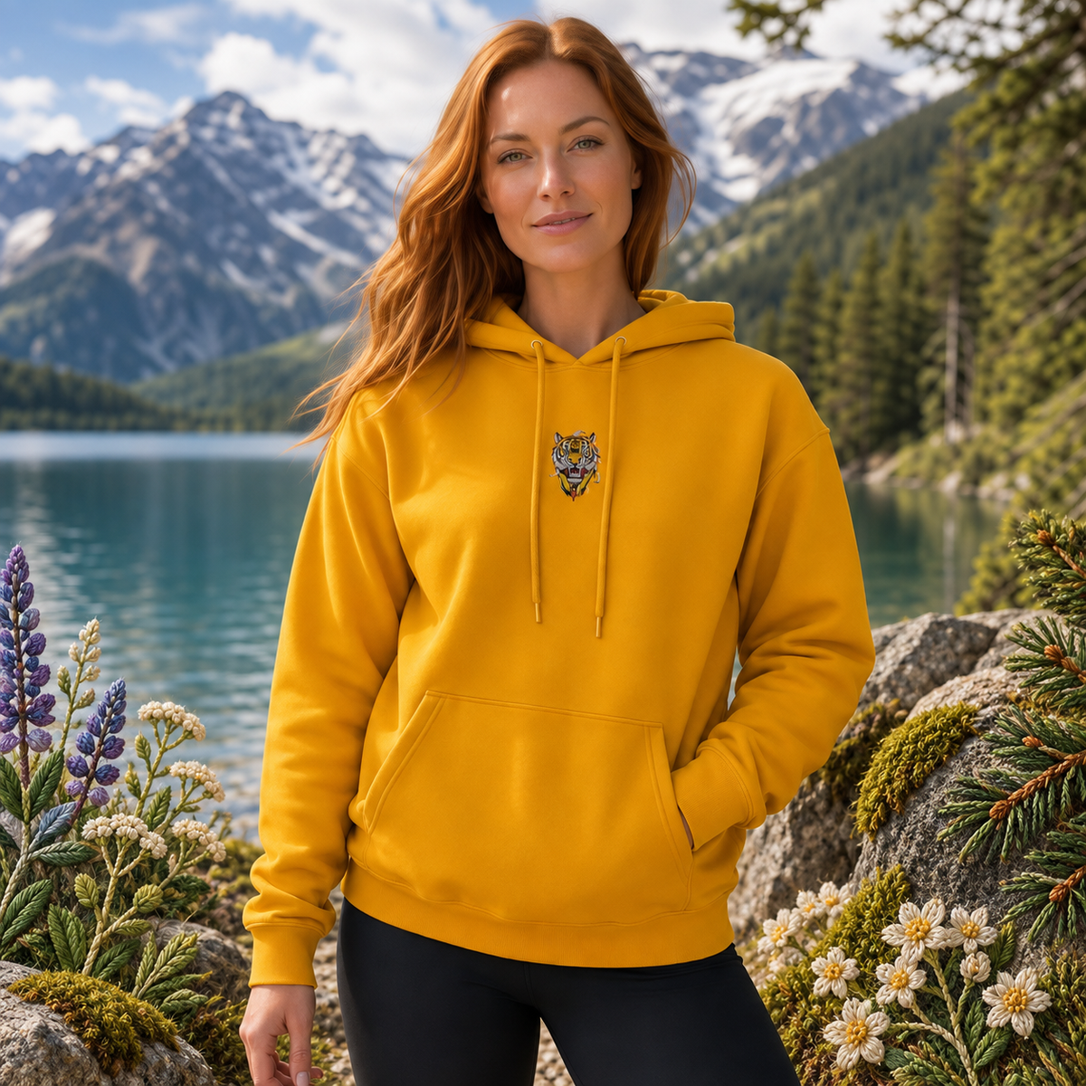 Model wearing the Tiger power animal hoodie in gold — realistic model in an embroidered nature scene.