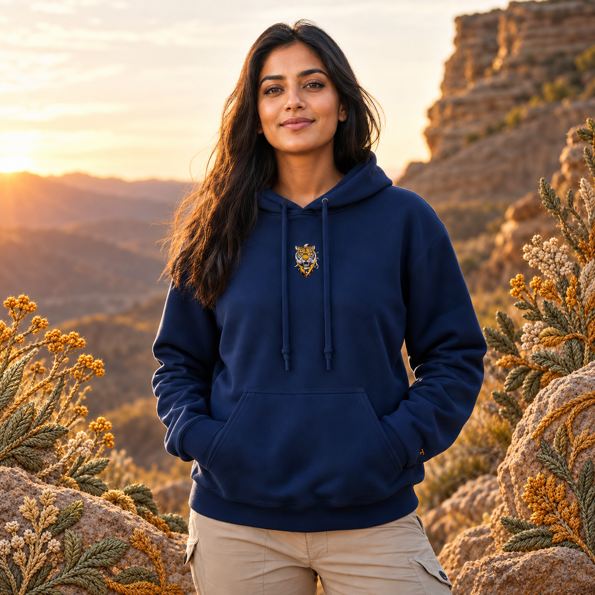 Model wearing the Tiger power animal hoodie in navy — realistic model in an embroidered nature scene.