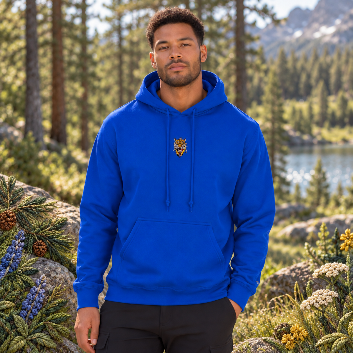 Model wearing the Tiger power animal hoodie in royal blue — realistic model in an embroidered nature scene.