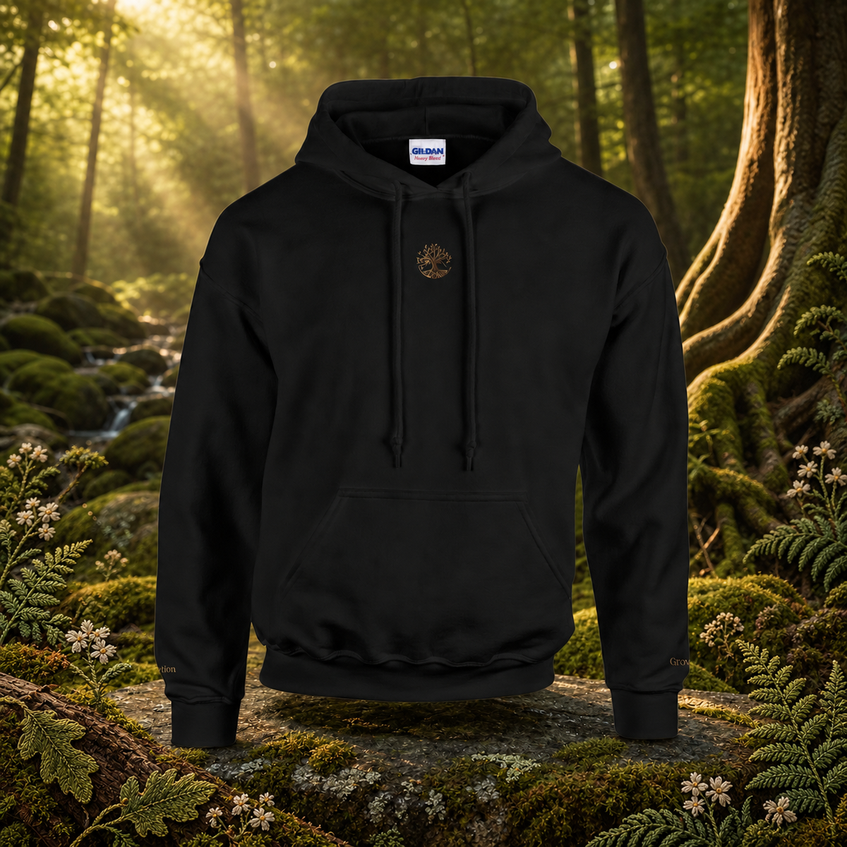 Tree of Life Symbol Hoodie in Black – Bright Future product image — original product in a realistic nature scene with embroidered environmental details.