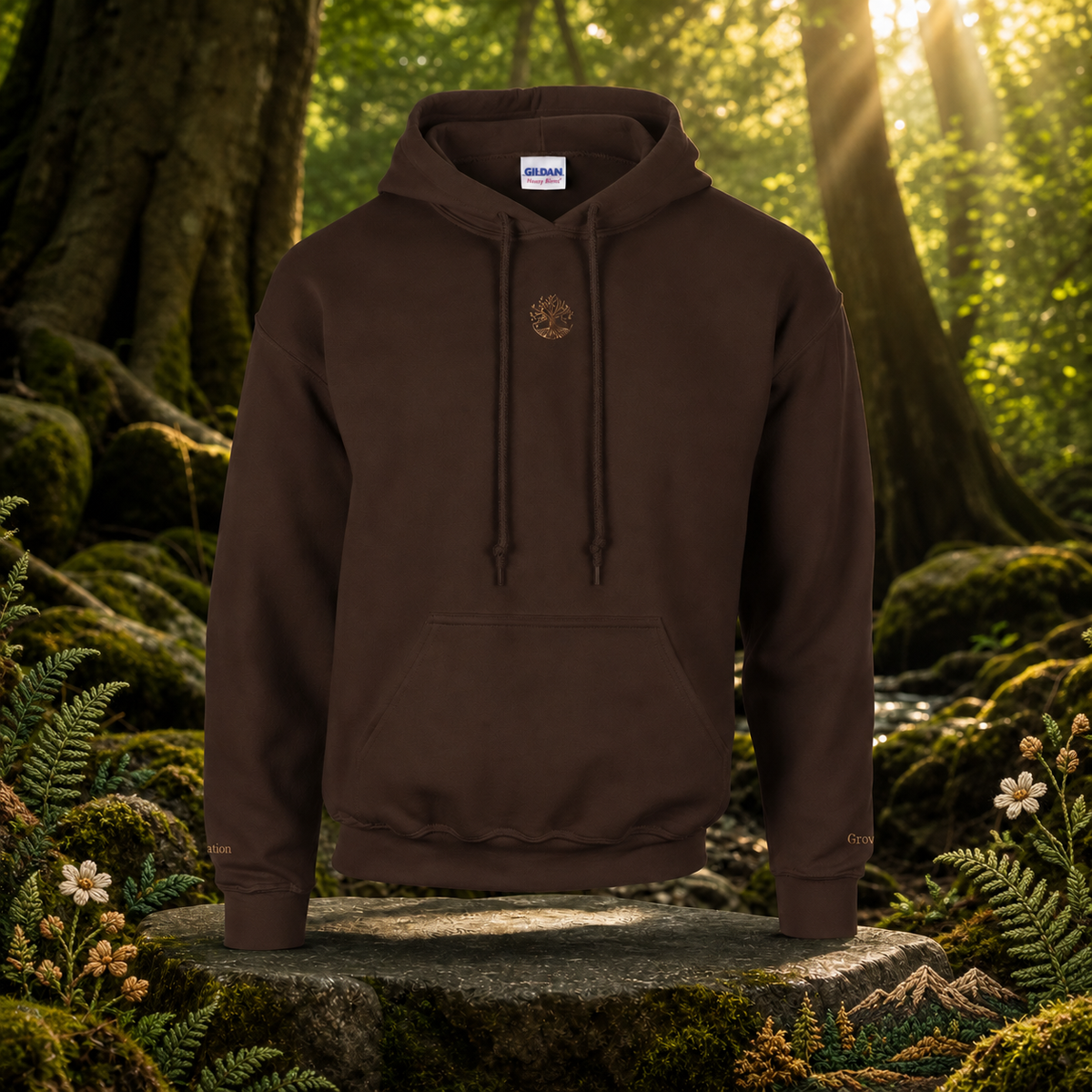 Tree of Life Symbol Hoodie in Dark Chocolate – Bright Future product image — original product in a realistic nature scene with embroidered environmental details.