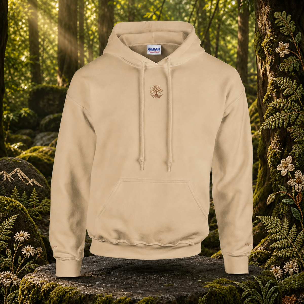 Tree of Life Symbol Hoodie in Sand – Bright Future product image — original product in a realistic nature scene with embroidered environmental details.