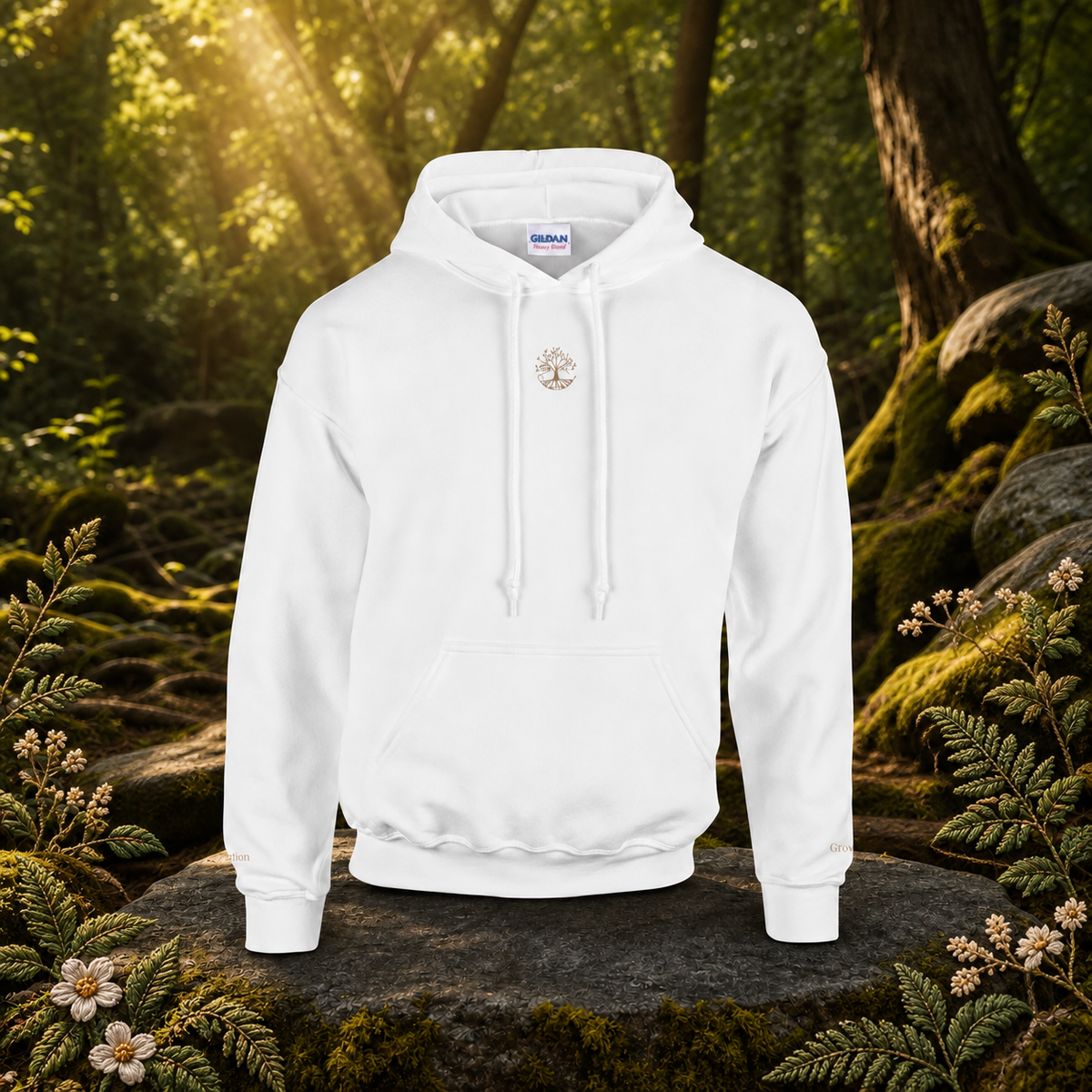 Tree of Life Symbol Hoodie in White – Bright Future product image — original product in a realistic nature scene with embroidered environmental details.
