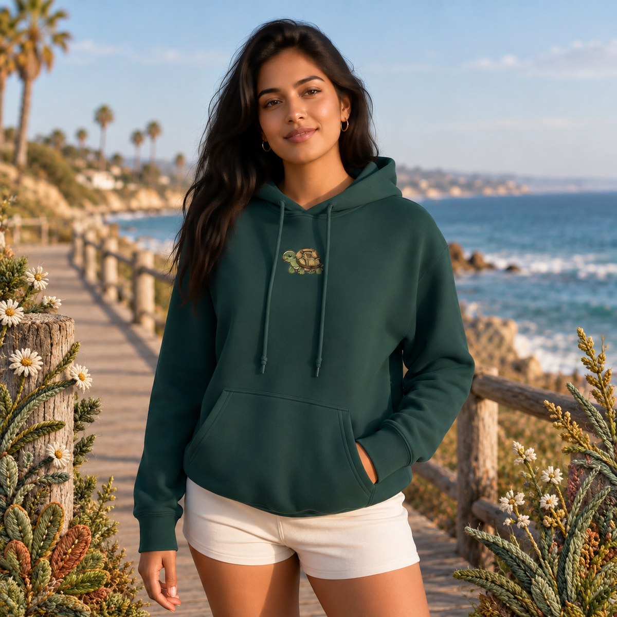 Turtle Hoodie in Forest Green – Bright Future product image — realistic model in an embroidered nature scene.