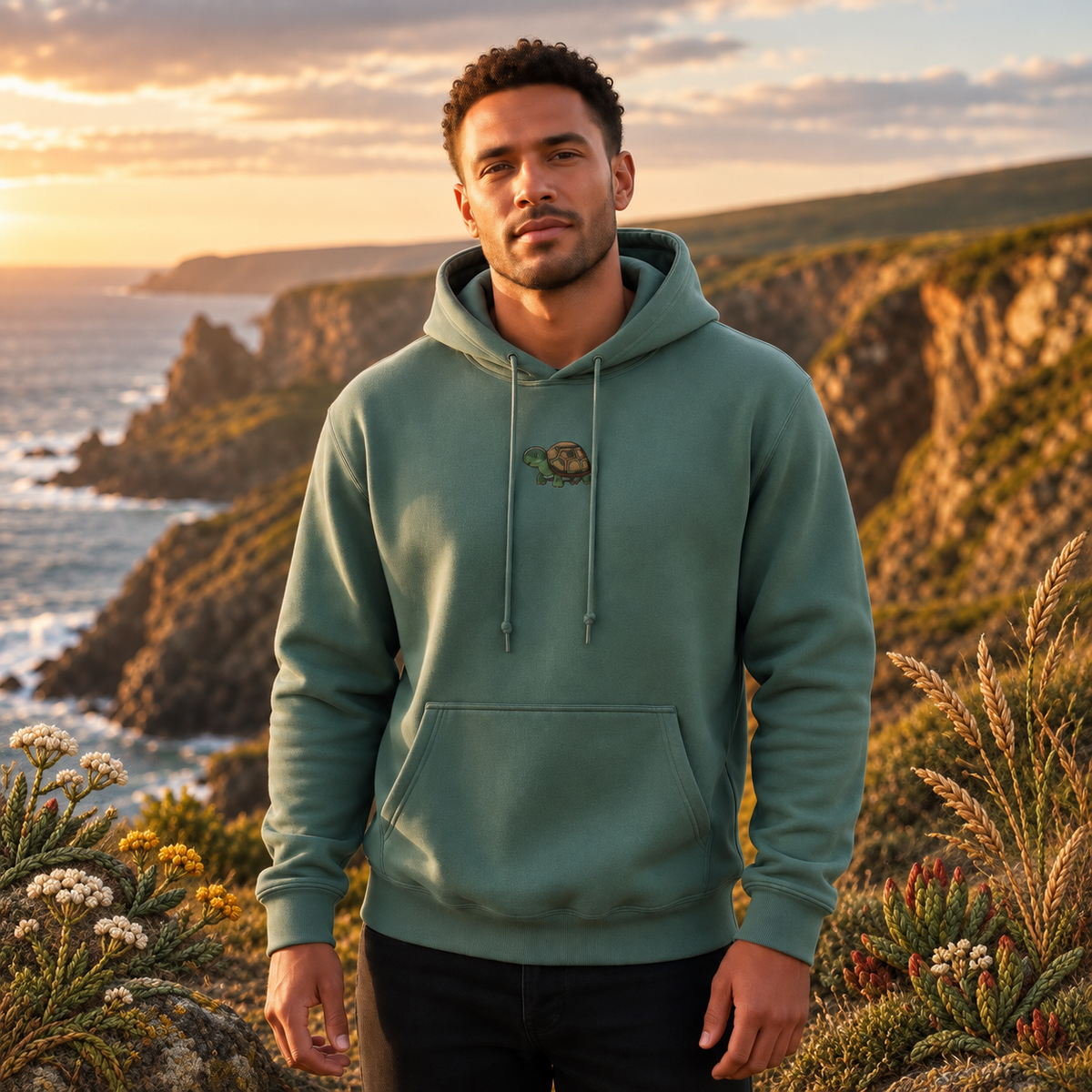 Turtle Hoodie in Military Green – Bright Future product image — realistic model in an embroidered nature scene.
