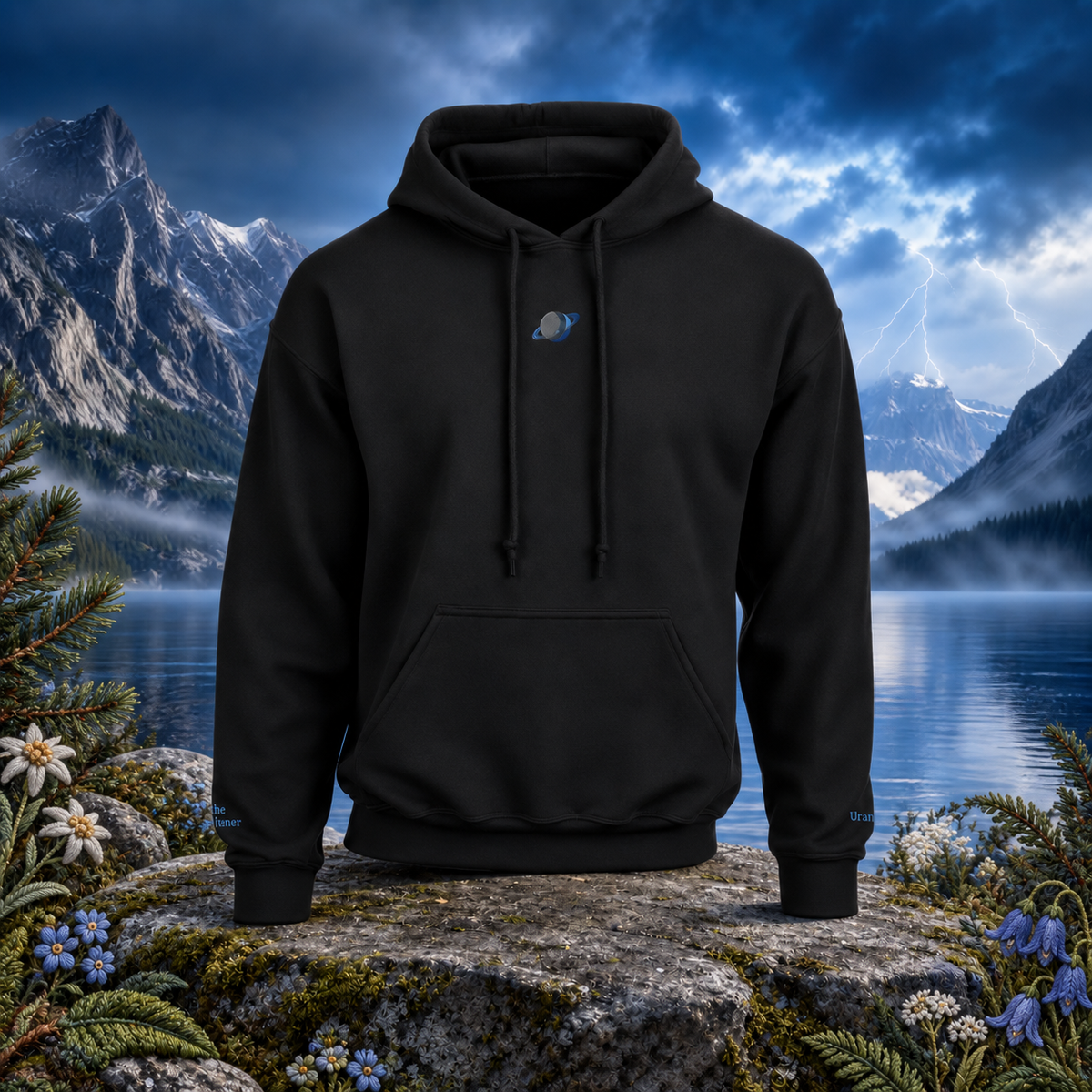 Uranus Planet Hoodie in Black – Bright Future product image — original product in a realistic nature scene with embroidered environmental details.