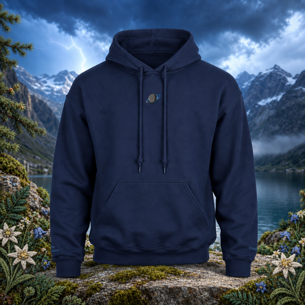 Uranus Planet Hoodie in Navy – Bright Future product image — original product in a realistic nature scene with embroidered environmental details.