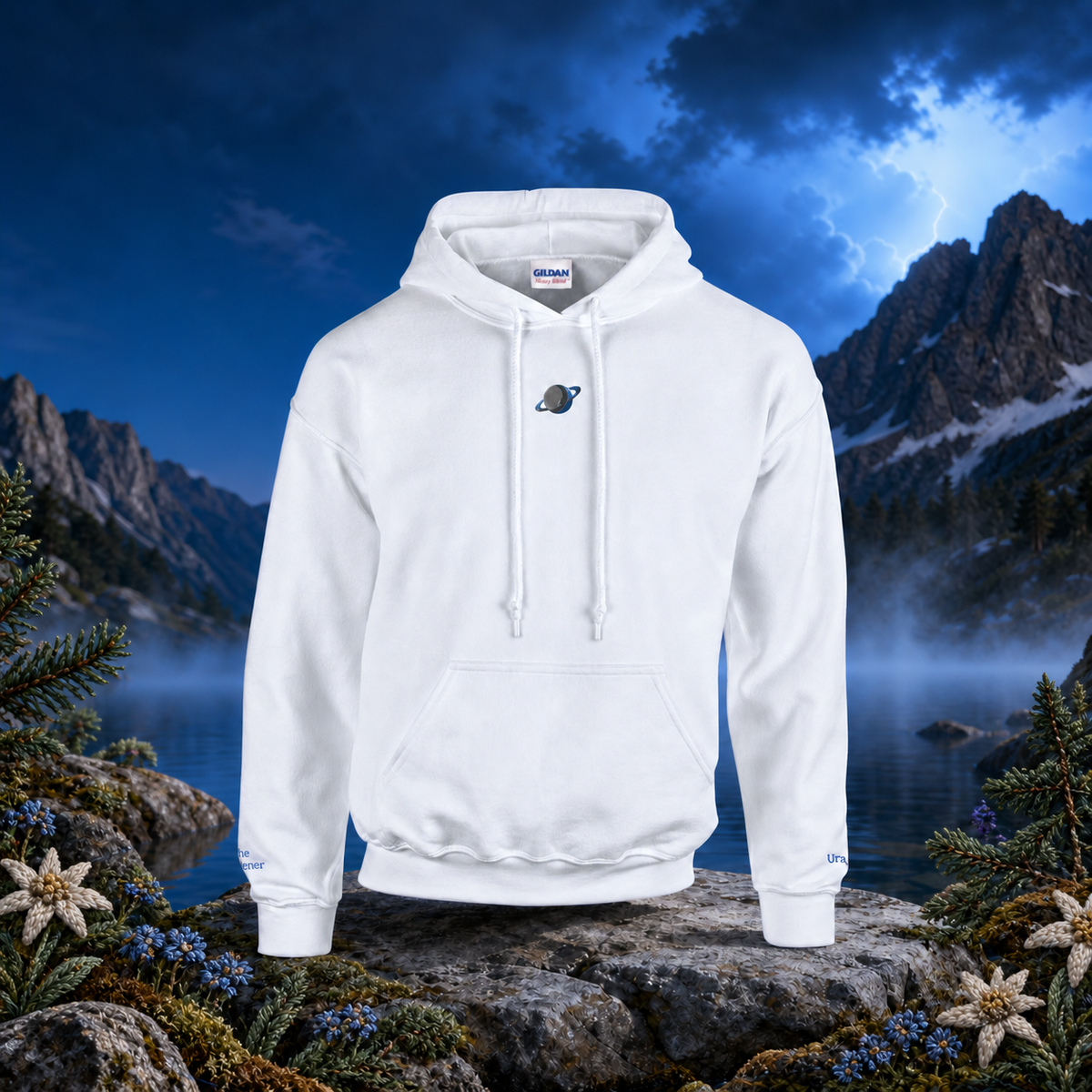Uranus Planet Hoodie in White – Bright Future product image — original product in a realistic nature scene with embroidered environmental details.