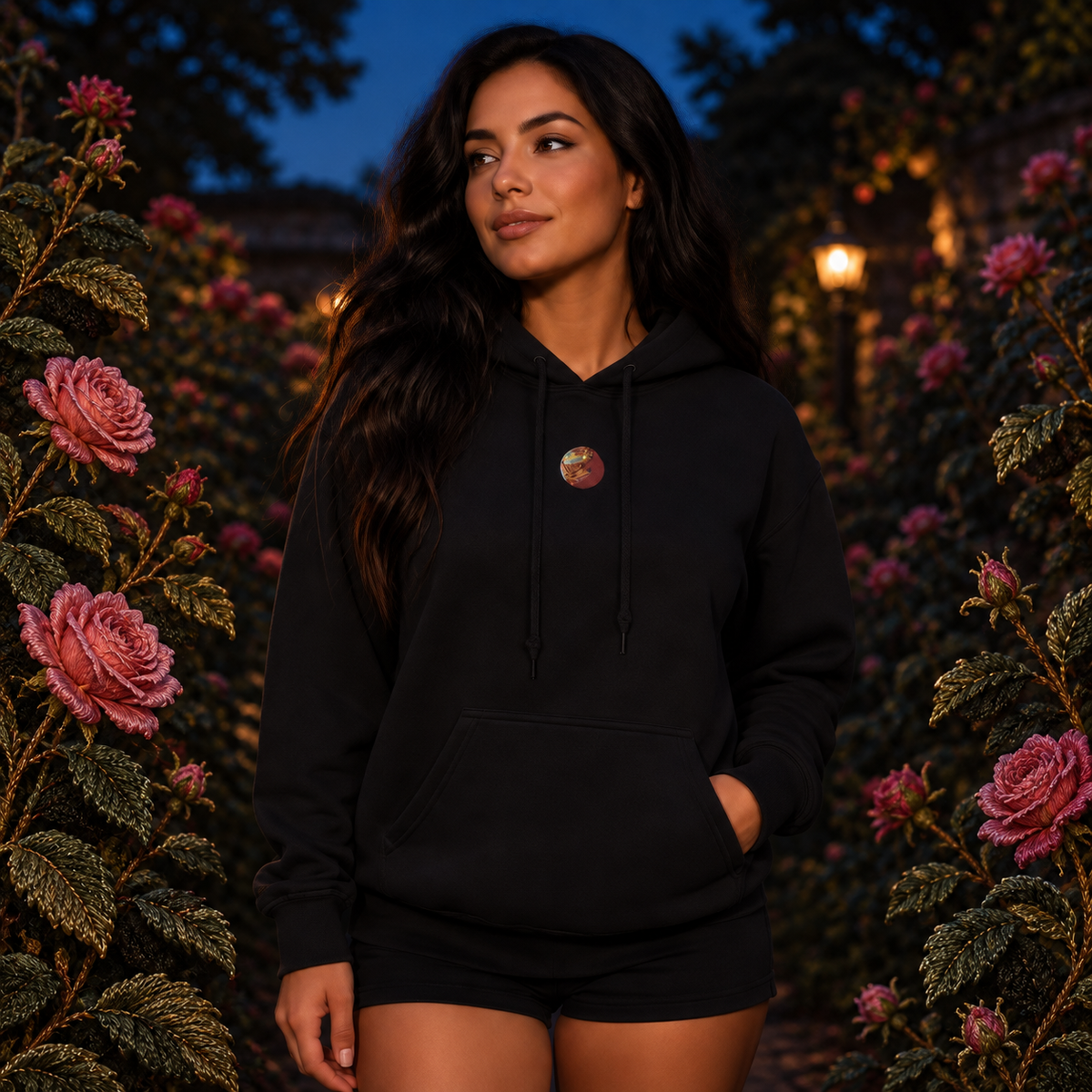 Venus Planet Hoodie in Black – Bright Future product image — realistic model in an embroidered nature scene.