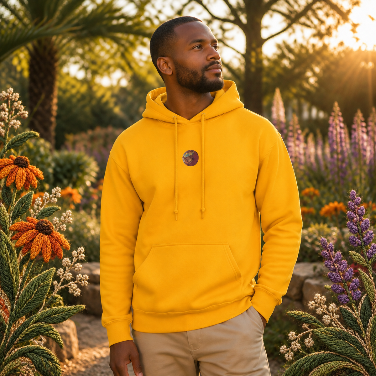 Venus Planet Hoodie in Gold – Bright Future product image — realistic model in an embroidered nature scene.